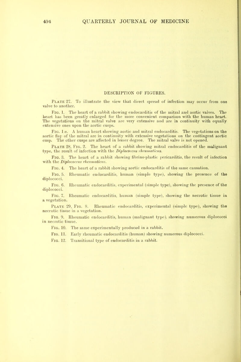 DESCRIPTION OF FIGURES. Plate 27. To illustrate the view that direct spread of infection may occur from one valve to another. Fig. 1. The heart of a rabbit showing endocarditis of the mitral and aortic valves. The heart has been greatly enlarged for the more convenient comparison with the human heart. The vegetations on the mitral valve are very extensive and are in continuity with equally extensive ones upon the aortic cusps. Fig. la. A human heart showing aortic and mitral endocarditis. The vegetations on the aortic flap of the mitral are in continuity with extensive vegetations on the contingent aortic cusp. The other cusps are affected in lesser degree. The mitral valve is not opened. Plate 28, Fig. 2. The heart of a rabbit showing mitral endocarditis of the malignant type, the result of infection with the Diplococcus rheumaticus. Fig. 3. The heart of a rabbit showing fibrino-plastic pericarditis, the result of infection with the Diplococcus rheumaticus. Fig. 4. The heart of a rabbit showing aortic endocarditis of the same causation. Fig. 5. Rheumatic endocarditis, human (simple type), showing the presence of the diplococci. Fig. 6. Rheumatic endocarditis, experimental (simple type), showing the presence of the diplococci. Fig. 7. Rheumatic endocarditis, human (simple type), showing the necrotic tissue in a vegetation. Plate 29, Fig. 8. Rheumatic endocarditis, experimental (simple type), showing the necrotic tissue in a vegetation. Fig. 9. Rheumatic endocarditis, human (malignant type), showing numerous diplococci in necrotic tissue. Fig. 10. The same experimentally produced in a rabbit. Fig. 11. Early rheumatic endocarditis (human) showing numerous diplococci. Fig. 12. Transitional type of endocarditis in a rabbit.