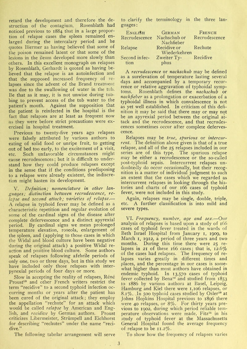 retard the development and therefore the de- struction of the contagium. Rosenblath had noticed previous to 1884 that in a large propor- tion of relapse cases the spleen remained en- larged during the intercalary period and he quotes Biermer as having believed that some of the poison remained latent or that some of the lesions in the ileum developed more slowly than others. In this excellent monograph on relapses by Rosenblath, Gerhardt is quoted as having be- lieved that the relapse is an autoinfection and that the supposed increased frequency of re- lapses since the advent of the Brand treatmeir: was due to the swallowing of water in the tub. Be that as it may, it is not unwise during tub- bing to prevent access of the tub water to the patient’s mouth. Against the supposition that the patient is reinfected in the hospital is the fact that relapses are at least as frequent now as they were before strict precautions were ex- ercised in hospital treatment. Previous to twenty-five years ago relapses were falsely attributed by various authors to eating of solid food or unripe fruit, to getting out of bed too early, to the excitement of a visit, etc. Such unfavorable circumstances might cause recrudescences; but it is difficult to under- stand how they could produce relapses except in the sense that if the conditions predisposing to a relapse were already existent, the indiscre- tion might hasten its development. V. Definition; nomenclature in other lan- guages; distinction between recrudescence, re- lapse and second attack; varieties of relapse.— A relapse in typhoid fever may be defined as a characteristic repetition and regular evolution of some of the cardinal signs of the disease after complete defervescence and a distinct apyrexial period. By cardinal signs we mean prolonged temperature elevation, roseola, enlargement of the spleen, and (applying to those cases in which the Widal and blood culture have been negative during the original attack) a positive Widal re- action and positive blood culture. Some authors speak of relapses following afebrile periods of only one, two or three days, but in this study we have included only those relapses with inter- pyrexial periods of four days or more. Slow in accepting the reality of relapses, Rene ProusB® and other French writers restrict the term “recidive” to a second typhoid infection oc- curring months or years after the patient has been cured of the original attack; they employ the appellation “rechute” for an attack which would be called relapse by American and Eng- lish, and recidive by German authors. Proust criticizes Libermeister, Striimpell and Eichhorst for describing “rechutes” under the name “reci- dive.” The following tabular arrangement will serve to clarify the terminology in the three lan- guages : English German French Recrudescence Nachschubor Recrudescence Nachfieber Relapse Recidive or Rechute Wiederkehren Second infec- ZweiterTy- Recidive tion phus A recrudescence or nachschub may be defined as a surelevation of temperature lasting several days and accompanied by a temporary recur- rence or relative aggravation of typhoidal symp- toms. Rosenblath defines the nachschub or nachfieber as a prolongation or exacerbation of a typhoidal illness in which convalescence is not as yet well established. In criticism of this defi- nition it may be said that there may or may not be an apyrexial period between the original at- tack and the recrudescence, and that recrudes- cences sometimes occur after complete deferves- cence. Relapses may be true, spurious or intercur- rent. The definition above given is that of a true relapse, and all of the 25 relapses included in our series are of this type. The spurious relapse may be either a recrudescence or the so-called l)ost-typhoid sepsis. Intercurrent relapses un- doubtedly do occur occasionally, but their recog- nition is a matter of individual judgment to such an extent that the cases which we regarded as intercurrent relapses in looking through the his- tories and charts of our 166 cases of typhoid fever, were not included in this study. Again, relapses may be single, double, triple, etc. A further classification is into mild and severe types. VI. Frequency, number, age and sex.—Our analysis of relapses is based upon a study of 166 cases of typhoid fever treated in the wards of Beth Israel Hospital from January i, 1909, to March i, 1912, a period of three years and two months. During this time there were 25 re- lapses in 21 of these 166 cases; that is, 12.6% of the cases had relapses. The frequency of re- lapses varies greatly in different times and places, and the percentage in our cases is some- what higher than most authors have obtained in endemic typhoid. In 13,570 cases of typhoid fever collected by Bena”* and studied from 1853 to 1886 by various authors at Basel, Leipzig, Hamburg and Kiel there were 1,106 relapses, or 8.1%. Jn 500 typhoid cases studied by Osler^® at Johns Hopkins Hospital previous to 1896 there were 40 relapses, or 8%. For thirty years pre- vious to 1902, during which period reliable tem- perature observations were made, Fitz-^ in his study of typhoid fever at the Massachusetts General Hospital found the average frequency of relapse to be 11.2%. To show how the frequency of relapses varies