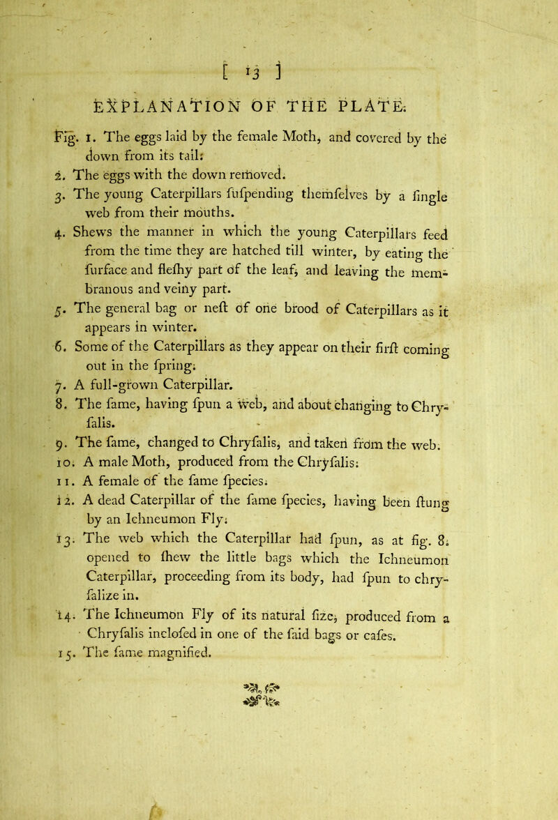 GO [ ^3 ] fejiPLANAtlON OF THE PLATEi Fig. I. The eggs laid by the female Moth^ and covered by the down from its tail: 2. The eggs with the down rerhoved. 3. The young Caterpillars flifpending themfeives by a fingle web from their mouths. from the time they are hatched till winter, by eating the furface and flefhy part df the leaf^ and leaving the mem- branous and veiny part. 5. The general bag or neft of one brood of Caterpillars as it appears in winter. 6. Some of the Caterpillars as they appear on their firfl: coming out in the fprlng; . A full-grown Caterpillar. . The fame, having fpun a Web, and about changing to Chry- falis. 9. The fame, changed to Chryfallsj and taken frdm the web. 10. A male Moth, produced from the Chryfalls; 11. A female of the fame fpecies; 12. A dead Caterpillar of the fame fpecies, having been flLing by an Ichneumon Fly; 13. The web which the Caterpillar had fpun, as at fig. 8; opened to fhew the little bags which the Ichneumon Caterpillar, proceeding from its body, had fpun to chry- fallze in. 14. The Ichneumon Fly of its natural fizc^ produced from a Chryfalis Inclofed in one of the faid bags or cafes. 15. The fame magnified.