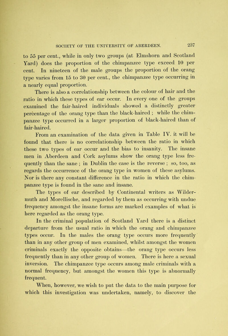 to 55 per cent., while in only two groups (at Elmshorn and Scotland Yard) does the proportion of the chimpanzee type exceed 10 per cent. In nineteen of the male groups the proportion of the orang type varies from 15 to 30 per cent., the chimpanzee type occurring in a nearly equal proportion. There is also a correlationship between the colour of hair and the ratio in which these types of ear occur. In every one of the groups examined the fair-haired individuals showed a distinctly greater percentage of the orang type than the black-haired ; while the chim- panzee type occurred in a larger proportion of black-haired than of fair-haired. From an examination of the data given in Table IV. it will be found that there is no correlationship between the ratio in which these two types of ear occur and the bias to insanity. The insane men in Aberdeen and Cork asylums show the orang type less fre- quently than the sane ; in Dublin the case is the reverse ; so, too, as regards the occurrence of the orang type in women of these asylums. Nor is there any constant difference in the ratio in which the chim- panzee type is found in the sane and insane. The types of ear described by Continental writers as Wilder- muth and Morellische, and regarded by them as occurring with undue frequency amongst the insane forms are marked examples of what is here regarded as the orang type. In the criminal population of Scotland Yard there is a distinct departure from the usual ratio in which the orang and chimpanzee types occur. In the males the orang type occurs more frequently than in any other group of men examined, whilst amongst the women criminals exactly the opposite obtains—the orang type occurs less frequently than in any other group of women. There is here a sexual inversion. The chimpanzee type occurs among male criminals with a normal frequency, but amongst the women this type is abnormally frequent. When, however, we wish to put the data to the main purpose for which this investigation was undertaken, namely, to discover the