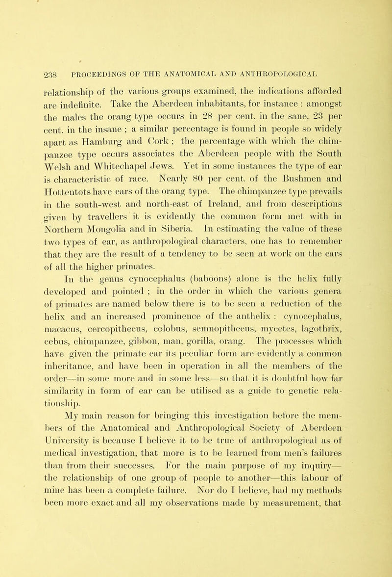 relationship of the various groups examined, the indications afforded are indefinite. Take the Aberdeen inhabitants, for instance : amongst the males the orang type occurs in 28 per cent, in the sane, 23 per cent, in the insane ; a similar percentage is found in people so widely apart as Hamburg and Cork ; the percentage with which the chim- panzee type occurs associates the Aberdeen people with the South Welsh and Whitechapel Jews. Yet in some instances the type of ear is characteristic of race. Nearly 80 per cent, of the Bushmen and Hottentots have ears of the orang type. The chim})anzee type prevails in the south-west and north-east of Ireland, and from descriptions given by travellers it is evidently the common form met with in Northern Mongolia and in Siberia. In estimating the value of these two types of ear, as anthropological characters, one has to remember that they are the result of a tendency to be seen at work on the ears of all the higher primates. In the genus cynocephalus (baboons) alone is the helix fully developed and pointed ; in the order in which the various genera of primates are named below there is to be seen a reduction of the helix and an increased prominence of the anthelix : cynoce})halus, macacns, cercopithecus, colobns, semnoj)ithecus, mycetes, lagothrix, cebus, chimpanzee, gibbon, man, gorilla, orang. The processes which have given the primate ear its peculiar form are evidently a common inheritance, and have been in operation in all the members of the order—in some more and in some less—so that it is doubtful how far similarity in form of ear can be utilised as a guide to genetic rela- tionship. My main reason for bringing this investigation before the mem- bers of the Anatomical and Anthropological Society of Aberdeen University is because I believe it to be true of anthropological as of medical investigation, that more is to be learned from men’s failures than from their successes. For the main purpose of my inquiry— the relationship of one group of people to another—this labour of mine has been a complete failure. Nor do I believe, had my methods been more exact and all my observations made by measurement, that