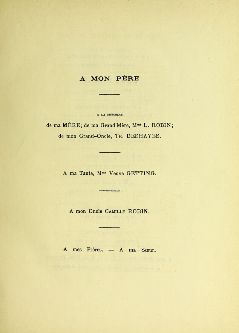 A MON PÈRE A LA MÉMOIRE de ma MÈRE; de ma Grand’Mère, Mmc L. ROBIN de mon Grand-Oncle, Th. DESHAYES. A ma Tante, Mme Veuve GETTING. A mon Oncle Camille ROBIN. A mes Frères. A ma Sœur.