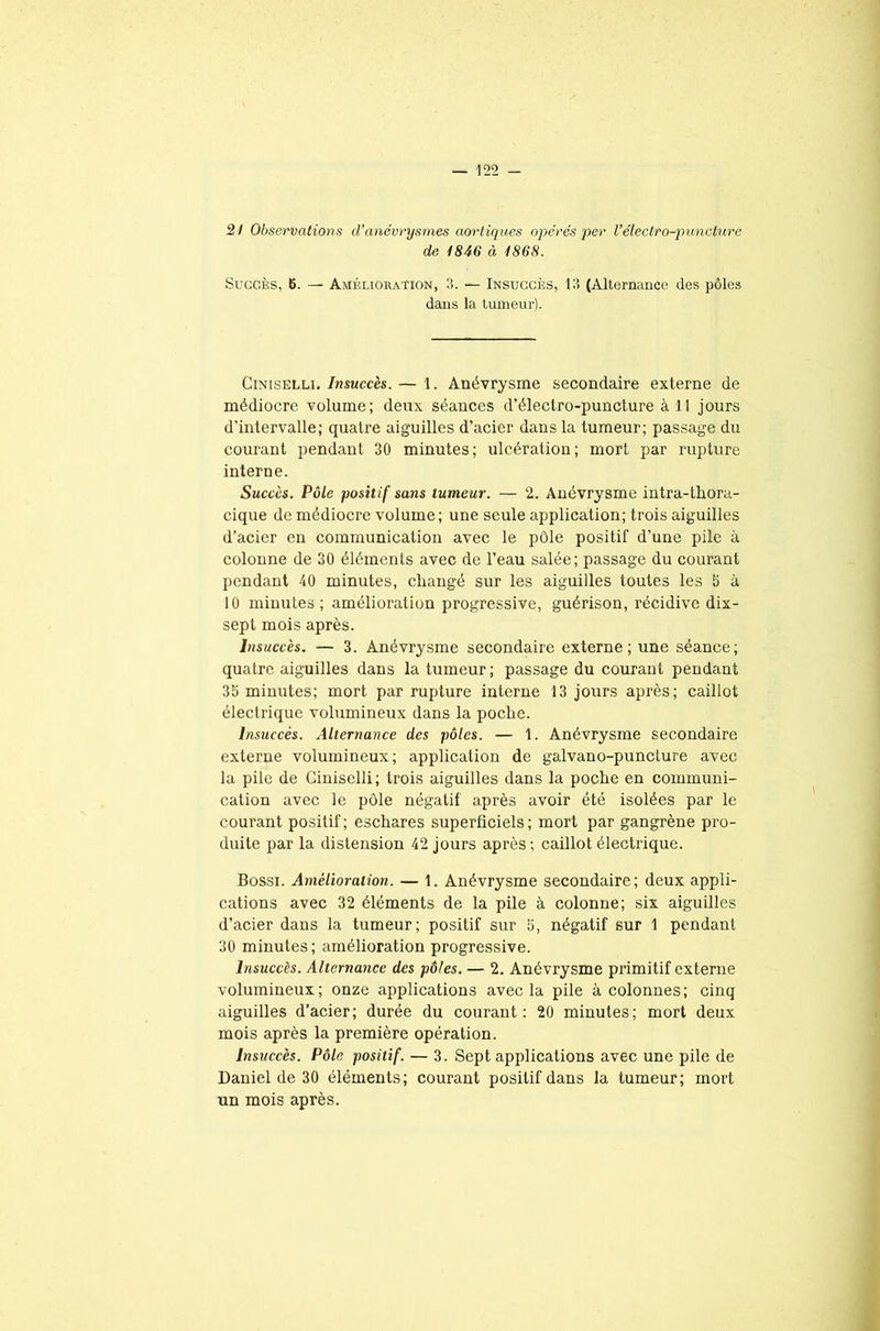 21 Observations d’anévrysmes aortiques opérés per l’électro-puncture de 1846 à 1868. Succès, B. — Amélioration, 3. — Insuccès, 13 (Alternance des pôles dans la tumeur). Ciniselli. Insuccès. — 1. Anévrysme secondaire externe de médiocre volume; deux séances d’électro-puncture à 11 jours d'intervalle; quatre aiguilles d’acier dans la tumeur; passage du courant pendant 30 minutes ; ulcération ; mort par rupture interne. Succès. Pôle positif sans tumeur. — 2. Anévrysme intra-thora- cique de médiocre volume; une seule application; trois aiguilles d’acier en communication avec le pôle positif d'une pile à colonne de 30 éléments avec de l’eau salée; passage du courant pendant 40 minutes, changé sur les aiguilles toutes les 3 à 10 minutes; amélioration progressive, guérison, récidive dix- sept mois après. Insuccès. — 3. Anévrysme secondaire externe; une séance; quatre aiguilles dans la tumeur ; passage du courant pendant 35 minutes; mort par rupture interne 13 jours après; caillot électrique volumineux dans la poche. Insuccès. Alternance des pôles. — 1. Anévrysme secondaire externe volumineux; application de galvano-punclure avec la pile de Ciniselli; trois aiguilles dans la poche en communi- cation avec le pôle négatif après avoir été isolées par le courant positif; eschares superficiels; mort par gangrène pro- duite par la distension 42 jours après; caillot électrique. Bossi. Amélioration. — 1. Anévrysme secondaire; deux appli- cations avec 32 éléments de la pile à colonne; six aiguilles d’acier dans la tumeur; positif sur 5, négatif sur 1 pendant 30 minutes; amélioration progressive. Insuccès. Alternance des pôles. — 2. Anévrysme primitif externe volumineux; onze applications avec la pile à colonnes; cinq aiguilles d’acier; durée du courant: 20 minutes; mort deux mois après la première opération. Insuccès. Pôle positif. — 3. Sept applications avec une pile de Daniel de 30 éléments; courant positif dans la tumeur; mort un mois après.