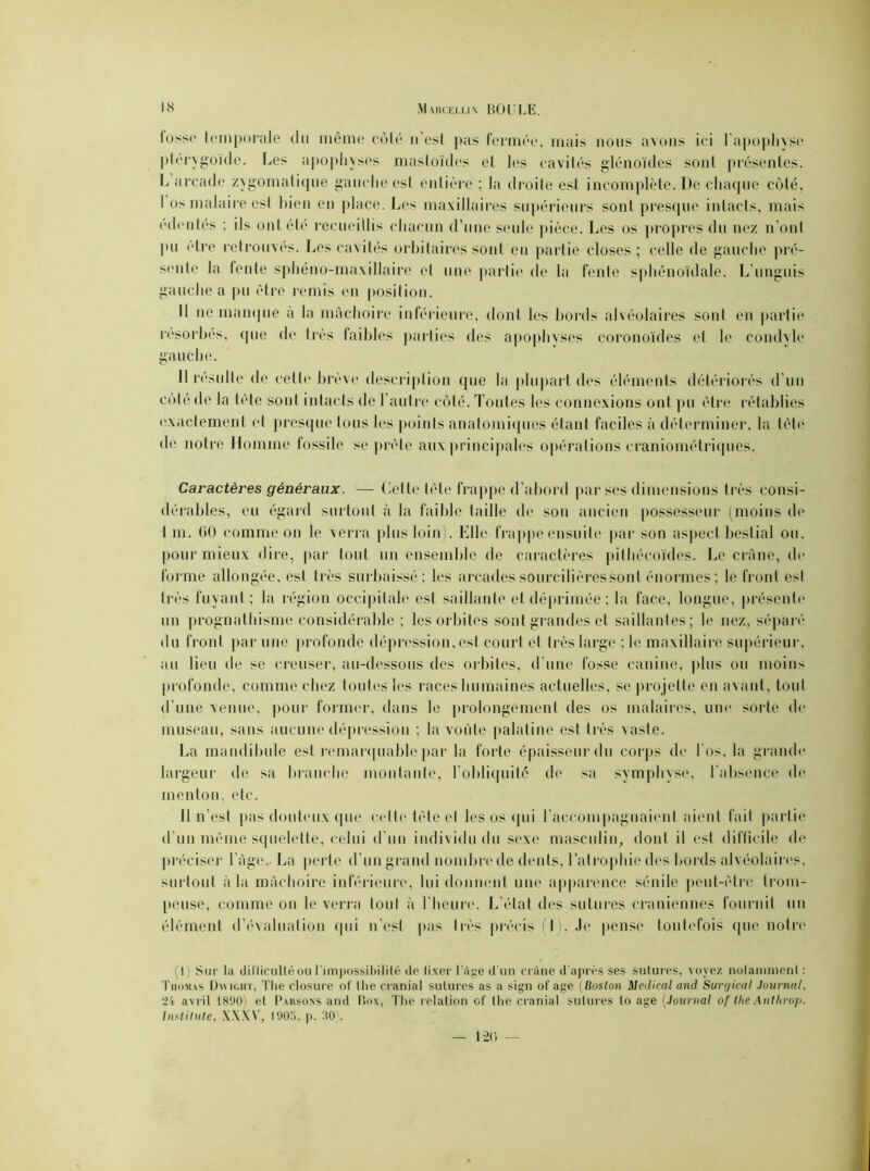 lusse temporale du même côté n’est pas fermée, mais nous avons ici l'apophyse plérygoide. Les apophyses masloïdes et les cavités glénoïdes sont présentes. L arcade zygomatique gauche est entière ; la droite est incomplète. De chaque côté, I os malaire est bien en place. Les maxillaires supérieurs sont presque intacts, mais cdentés ; ils ont été recueillis chacun d’une seule pièce. Les os propres du nez n’ont pu être retrouvés. Les cavités orbitaires sont en partie closes ; celle de gauche pré- sente la fente sphéno-maxillaire et une partie de la fente sphénoïdale. L’unguis gauche a pu être remis en position. Il ne manque a la mâchoire inférieure, dont les bords alvéolaires sont en partie résorbés, que de très faibles parties des apophyses eoronoïdes et le comble gauche. 11 résulte de cette brève description que la plupart des éléments détériorés d'un colé de la tète soid intacts de l’autre côté. Toutes les connexions ont pu être rétablies exactement et presque Ions les points anatomiques étant faciles à déterminer, la tète de notre Homme fossile se prête aux principales opérations craniométriques. Caractères généraux. — Cette tète frappe d’abord par ses dimensions très consi- dérables, eu égard surtout à la faible taille de sou ancien possesseur (moins de 1 ni. 00 comme on le verra plus loin). Elle frappe ensuite par son aspect bestial ou. pour mieux dire, par tout un ensemble de caractères pithécoïdes. Le crâne, de forme allongée, est très surbaissé; les arcades sourcilières sont énormes ; le front esl 1res fuyant ; la région occipitale est saillante et déprimée; la face, longue, présente un prognathisme considérable ; les orbites sont grandes et saillantes; le nez, séparé du front par une profonde dépression, esl court et très large ; le maxillaire supérieur, au lieu de se creuser, au-dessous des orbites, d'une fosse canine, plus ou moins profonde, comme chez toutes les races humaines actuelles, se projette en avant, tout d'une venue, pour former, dans le prolongement des os malaires, une sorte de museau, sans aucune dépression ; la voûte palatine est très vaste. La mandibule est remarquable par la forte épaisseur du corps de l'os, la grande largeur de sa branche montante, l’obliquité de sa symphxse, l'absence de menton, etc. 11 n'est pas douteux que celte tète et les os qui l'accompagnaient aient fait partie d’un même squelette, celui d'un individu du sexe masculin, dont il est difficile de préciser l’àgc.- La perle d'un grand nombre de dents, l’atrophie des bords alvéolaires, surtout à la mâchoire inférieure, lui donnent une apparence sénile peut-être trom- peuse, comme on le verra toid à l’heure. L’état des sutures crâniennes fournit un élément d évaluation qui n’est pas très précis (1 . Je pense toutefois que notre (I) Sur la difficulté ou l'impossibilité de tixer l’Age d'un crâne d'après ses sutures, voyez notamment : Thomas Dwigiit, The closure of (lie cranial sutures as a sign of âge (Boston Medical and Surç/ical Journal, 24 avril 1890) et Parsons and P>ox, The relation of the cranial sutures to âge (Journal of the Anthrop. Imtitutc, WW, 1903, p. 30). — 120 —