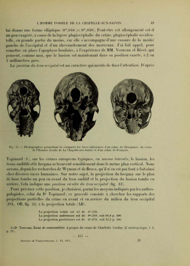 lui donne une forme elliptique (0m,(H6 X 0m,030). Peut-être cet allongement est-il un peu exagéré, à cause de la légère plagiocéphalie du crâne, plagiocéphalie acciden- telle, en grande partie du moins, car elle s’accompagne d’une cassure de la moitié gauche de l’occipital et d’un chevauchement des morceaux. J’ai fait appel, pour remettre en place l’apophyse basilaire, à l’expérience de MM. Verneau et Rivet, qui pensent, comme moi, que le basion est maintenant dans sa position exacte, à 2 ou 3 millimètres près. La position du trou occipital est un caractère qui mérite de (ixer l’attention. D’après Fig. 31. — Photographies permettant de comparer les laces inférieures d'un crâne de Chimpanzé, du crâne de l’Homme fossile de La Chapelle-aux-Sainls et d'un crâne de Français. Topinard (t), sur les crânes européens typiques, en nonna latéral is, le basion, les trous auditifs etle bregma se trouvent sensiblement dans le même plan vertical. Nous savons, depuis les recherches de Wyman et de Broca, qu’il n’en est pas tout à fait ainsi chez diverses races humaines. Sur notre sujet, la projection du bregma sur le plan de base tombe un peu en avant du trou auditif et la projection du basion tombe eu arrière. Cela indique une position reculée du trou occipital (lig. 33). Pour préciser cette position, je choisirai, parmi les moyens indiqués parles anthro- pologistes, celui du D1 Topinard ; ce procédé consiste à chercher les rapports des projections partielles du crâne en avant et en arrière du milieu du trou occipital (OA, OB, fig. 33) à la projection totale (AB). La projection totale est ici de 0’,238. La projection antérieure est de 0m,159, soit 66,8 p. 100. La projection postérieure est de 0m,079, soit 33,2 p. 100. 1) D' Topinard, Essai de craniométrie à propos du crâne de Charlotte Corday (L’Anthropologie, I. I, p. 21). — 1.37 — il Annales de Paléontologie, t. VI, 1911.