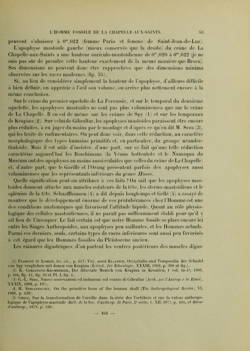 peuvent s'abaisser à 0m,022 (femme Paria el femme de Saint-Jean-de-Luz). L’apophyse mastoïde gauche (mieux conservée que la droite) du crâne de La Chapelle-aux-Saints a une hauteur auriculo-mastoïdienne de0m,020 à fr,022 (je ne suis pas sûr de prendre cette hauteur exactement de la même manière que Broca). Ses dimensions ne peuvent donc être rapprochées que des dimensions minima observées sur les races modernes (fig. 35). Si, au lieu de considérer simplement la hauteur de l’apophyse, d’ailleurs difficile à bien définir, on apprécie à l’œil son volume, on arrive plus nettement encore à la même conclusion. Surle crâne du premier squelette de La Ferrassic, el sur le temporal du deuxième squelette, les apophyses masloïdes ne sont pas plus volumineuses que sur le crâne de La Chapelle. Il en est de même sur les crânes de Spy (I) et sur les temporaux de Krapina (2). Sur celui de Gibraltar,les apophyses masloïdes paraissent être encore plus réduites, à en juger du moins par le moulage et d’après ce qu’en dit M. Sera (3), (pii les traite de rudimentaires. On peut donc voir, dans cette réduction, un caractère morphologique des typés humains primitifs et, en particulier, du groupe néander- thaloïde. Mais il est utile d’insister, d’une part, sur ce fait qu'une telle réduction caractérise aujourd’hui les Iîoschimans (la Vénus hollenlole et le Namaqua du Muséum ontdes apophyses au moins aussi réduites que cellesdu crâne de La Chapelle) et, d’autre part, que le Gorille et l’Orang présentent parfois des apophyses aussi volumineuses que les représentants inférieurs du genre Homo. Quelle signification peut-on attribuer à ces faits ? On sait que les apophyses mas- loïdes donnent attache aux muscles rotateurs de la tète, les sterno-mastoïdiens et le splénius de la tête. Schaafîhausen (4) a dit depuis longtemps et Gellé (5) a essayé de montrer que le développement énorme de ces protubérances chez l’Homme est une des conditions anatomiques qui favorisent l’attitude bipède. Quant au rôle physio- logique des cellules mastoïdiennes, il ne paraît pas suffisamment établi pour qu’il y ait lieu de l’invoquer. Le fait certain est que notre Homme fossile se place encore ici entre les Singes Anthropoïdes, aux apophyses peu saillantes, et les Hommes actuels. Parmi ces derniers, seuls, certains types de races inférieures sont aussi peu favorisés â cet égard que les Hommes fossiles du Pléistocène ancien. Les rainures digastriques, d’où partent les ventres postérieurs des muscles digas- (1) Fraipont el Loiiest, loc. cit., p. 017. Voy. aussi Ki.aatscii, Occipilalia und Temporalia (1er Schiidel von Spy verglichen mit denen von Krapina (.Zritsch. fïir Ethnologie, XXX111, 1002, p. 390 et fig.). (2) K. Goiuanovic-Krambekger, Der diluviale Mcnseh von Krapina in Kroatien, 1 vol. in-4°, 1000, p. 101, fig. 14, fig. 24 et PL 1, fig. 1. (3) G.-L. Sera, Nuove osservazioni ed induzioni sul cranio di Gibraltar (Arch. )ier VAntrop.e la Elnol., XXXIX, 1909, p. 107). (4) II. SciiAAiiiALSEN, On lhe primitive form of llie liuman skult (The Anlhropological Review, \ L 1868, p. 428). (5) Geli.k, Sur la transformation de l’oreille dans la série des Vertébrés et sur la valeur anthropo- logique de l’apophvse masloïde (Bull. cle la Soc. d'anlltrop. de Paris, 2' série, t. XII, 1877, p. 403, et Revue d'anthrop., 1870, p. 330). ltil