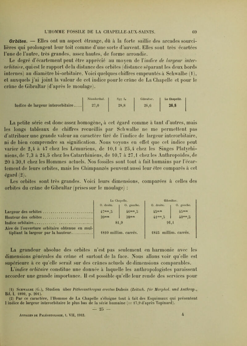 Orbites. — Elles ont un aspect étrange, dû à la forte saillie des arcades sourci- lières qui prolongent leur toit comme d'une sorte d’auvent. Elles sont très écartées l’une de l’autre, très grandes, assez hautes, de forme arrondie. Le degré d'écartement peut être apprécié au moyen de Yindice de largeur inter- orbitaire, qui est le rapport delà distance des orbites (distance séparant les deux bords internes) au diamètre bi-orbitaire. Voici quelques chiffres empruntés à Schwalbe (1), et auxquels j’ai joint la valeur de cet indice pour le crâne de La Chapelle et pour le crâne de Gibraltar (d’après le moulage). Néanderthal. Spy I. Gibraltar. La Chapelle. Indice de largeur interorbitaire 27,0 28,8 26,6 26,8 La petite série est donc assez homogène, à cet égard comme à tant d’autres, mais les longs tableaux de chiffres recueillis par Schwalbe ne me permettent pas d’attribuer une grande valeur au caractère tiré de l’indice de largeur interorbitaire, ni de bien comprendre sa signification. Nous voyons en effet que cet indice peut varier de 2,4 à 47 chez les Lémuriens, de 10,1 à 25,4 chez les Singes Platyrhi- niens,de 7,3 à 24,5 chez les Catarrhiniens, de 10,7 à 27,1 chez les Anthropoïdes, de 20 à 30,1 chez les Hommes actuels. Nos fossiles sont tout à fait humains par l’écar- tement de leurs orbites, mais les Chimpanzés peuvent aussi leur être comparés à cet égard (2). Les orbites sont très grandes. Voici leurs dimensions, comparées à celles des orbites du crâne de Gibraltar (prises sur le moulage) : La Chapelle. Gibraltar. 0. droite. O. gauche. 0. droite. 0. gauche; Largeur des orbites 47mm,5 46mm,5 45m m 45 mm Hauteur des orbites 39mm 38mm 41mm,5 40mm,5 Indice orbitaire Aire de l’ouverture orbitaire obtenue en mul- 81,9 91 d tipliant la largeur par la hauteur 1810 millim. carrés. 1845 millim. carrés. La grandeur absolue des orbites n’est pas seulement en harmonie avec les dimensions générales du crâne et surtout de la face. Nous allons voir qu’elle est supérieure à ce qu’elle serait sur des crânes actuels de dimensions comparables. L'indice orbitaire constitue une donnée à laquelle les anthropologistes paraissent accorder une grande importance. Il est possible qu’elle leur rende des services pour (1) Schwalbe (G.), Studien über Pithccanlhropus erectus Dubois (Zeitsch. fiir Morphol. und Anthrop., Bil. 1, 1899, p. 201). (2) Par ce caractère, l'Homme de La Chapelle s’éloigne tout à fait des Esquimaux qui présentent 1 indice de largeur interorbilaire le plus bas de la série humaine (= 17,9 d’après Topinard). — 25 —