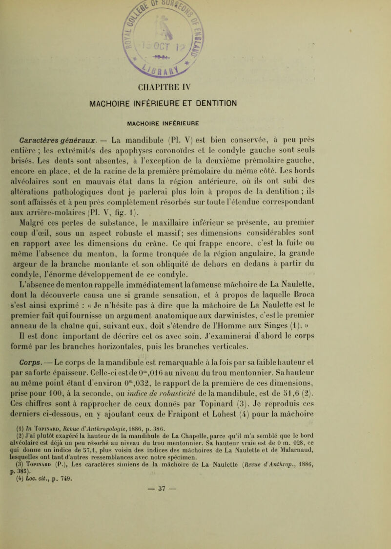 CHAPITRE IV MACHOIRE INFÉRIEURE ET DENTITION MACHOIRE INFÉRIEURE Caractères généraux. — La mandibule (PL V) est bien conservée, à peu près entière ; les extrémités des apophyses coronoïdes et le condyle gauche sont seuls brisés. Les dents sont absentes, à l’exception de la deuxième prémolaire gauche, encore en place, et de la racine de la première prémolaire du même côté. Les bords alvéolaires sont en mauvais état dans la région antérieure, où ils ont subi des altérations pathologiques dont je parlerai plus loin à propos de la dentition ; ils sont affaissés et à peu près complètement résorbés sur toute l’étendue correspondant aux arrière-molaires (PL V, fig. 1). Malgré ces pertes de substance, le maxillaire inférieur se présente, au premier coup d’œil, sous un aspect robuste et massif; ses dimensions considérables sont en rapport avec les dimensions du crâne. Ce qui frappe encore, c’est la fuite ou même l’absence du menton, la forme tronquée de la région angulaire, la grande argeur de la branche montante et son obliquité de dehors en dedans à partir du condyle, l’énorme développement de ce condyle. L’absence de menton rappelle immédiatement la fameuse mâchoire de La Naulette, dont la découverte causa une si grande sensation, et à propos de laquelle Broca s’est ainsi exprimé : « Je n’hésite pas à dire que la mâchoire de La Naulette est le premier fait qui fournisse un argument anatomique aux darwinistes, c’est le premier anneau de la chaîne qui, suivant eux, doit s’étendre de l’Homme aux Singes (I). » Il est donc important de décrire cet os avec soin. J’examinerai d’abord le corps formé par les branches horizontales, puis les branches verticales. Corps. — Le corps de la mandibule est remarquable à la fois par sa faible hauteur et par sa forte épaisseur. Celle-ci est de 0m,016 au niveau du trou mentonnier. Sa hauteur au môme point étant d’environ CT,032, le rapport de la première de ces dimensions, prise pour 100, à la seconde, ou indice de robusticité de la mandibule, est de 51,6 (2). Ces chiffres sont à rapprocher de ceux donnés par Topinard (3). Je reproduis ces derniers ci-dessous, en y ajoutant ceux de Fraipont et Lohest (4) pour la mâchoire (1) ln Topinard, Revue d'Anthropologie, 1886, p. 386. (2) J’ai plutôt exagéré la hauteur de la mandibule de La Chapelle, parce qu’il m’a semblé que le bord alvéolaire est déjà un peu résorbé au niveau du trou mentonnier. Sa hauteur vraie est de 0 m. 028, ce qui donne un indice de 57,1, plus voisin des indices des mâchoires de La Naulette et de Malarnaud, lesquelles ont tant d’autres ressemblances avec notre spécimen. (3) Topinard (P.), Les caractères simiens de la mâchoire de La Naulette (Revue d'Anthrop., 1886, p. 385). (4) Loc. cit., p. 749.