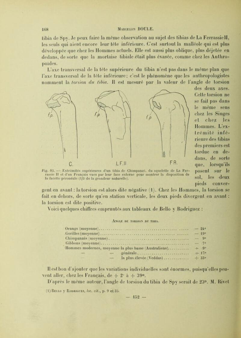 tibia de Spy. Je peux faire la même observation au sujet des tibias de La Ferrassiell, les seuls qui aient encore leur tète inférieure. C’est surtout la malléole qui est plus développée que chez les Hommes actuels. Elle est aussi plus oblique, plus déjetée en dedans, de sorte que la mortaise tibiale était plus évasée, comme chez les Anthro- poïdes. L’axe transversal de la tète supérieure du tibia n’est pas dans le même plan que l’axe transversal de la tète inférieure; c’est le phénomène que les anthropologistes nomment la torsion du tibia. Il est mesuré par la valeur de l’angle de torsion des deux axes. Cette torsion ne se fait pas dans le même sens chez les Singes et chez les Hommes. L’ex- trémité infé- rieure des tibias des premiers est tordue en de- dans, de sorte que, lorsqu’ils posent sur le sol, les deux pieds conver- gent en avant : la torsion est alors dite négative (1). Chez les Hommes, la torsion se fait en dehors, de sorte qu’en station verticale, les deux pieds divergent en avant : la torsion est dite positive. Voici quelques chiffres empruntés aux tableaux de Bello y Rodriguez : Fig. 83. — Extrémités supérieures d’un tibia de Chimpanzé, du squelette de La Fer- rassie II et d'un Français vues par leur lace externe pour montrer la disposition de la facette péronéale (1/3 de la grandeur naturelle). Angle de torsion du tibia. Orangs (moyenne) — 24° Gorilles (moyenne) — 19° Chimpanzés (moyenne) — 9° Gibbons (moyenne) — 7° Hommes modernes, moyenne la plus basse (Australiens) -I- 9° — .— générale -t- 17° — la plus élevée (V'eddas) -f- 33° 11 est bon d’ajouter (pie les variations individuelles sont énormes, puisqu’elles peu- vent aller, chez les Français, de -j- 2° à + 39°. D’après le même auteur, l’angle de torsion du tibia de Spy serait de 23°. M. Rivet (I)Bei.lo y Rodriguez, loc. cit., p. 9 et3o. — 152 —