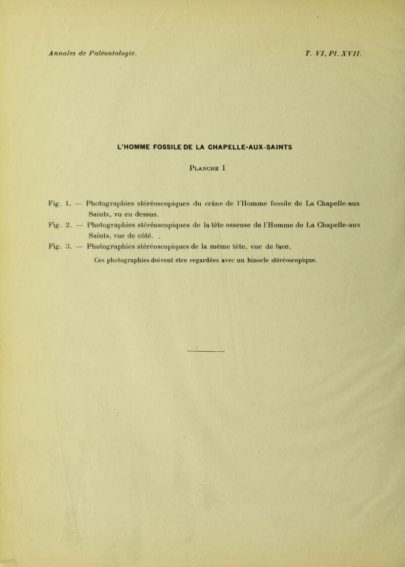 L’HOMME FOSSILE DE LA CH AP ELLE-AU X-S A INTS Planche I Fig. 1. — Photographies stéréoscopiques du crâne de l’Homme fossile de La Chapelle-aux Saints, vu en dessus. Fig. 2. — Photographies stéréoscopiques de la tête osseuse de l’Homme de La Chapelle-aux Saints, vue de côté. . Fig. 3. — Photographies stéréoscopiques de la même tète, vue de face.