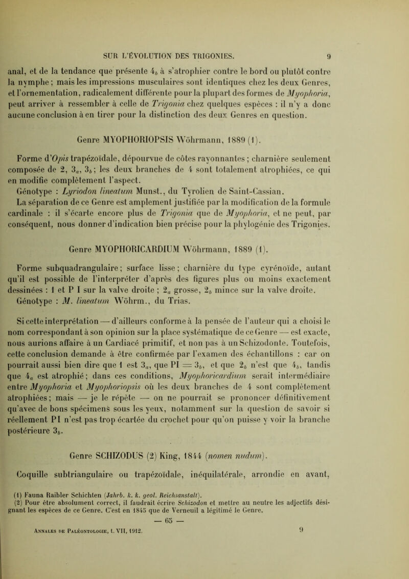 anal, et de la tendance que présente 4* à s’atrophier contre le bord ou plutôt contre la nymphe ; mais les impressions musculaires sont identiques chez les deux Genres, et l’ornementation, radicalement differente pour la plupart des formes de Mijophoria, peut arriver à ressembler à celle de Trigonïa chez quelques espèces : il n’y a donc aucune conclusion à en tirer pour la distinction des deux Genres en question. Genre MYOPHORIOPSIS Wolirmann, 1889(1). Forme trapézoïdale, dépourvue de côtes rayonnantes ; charnière seulement composée de 2, 3a, 3*; les deux branches de 4 sont totalement atrophiées, ce qui en modifie complètement l’aspect. Génotype : Lyriodon lïneatum Munst., du Tyrolien de Saint-Gassian. La séparation de ce Genre est amplement justifiée par la modification de la formule cardinale : il s’écarte encore plus de Trigonia que de Myophoria^ et ne peut, par conséquent, nous donner d’indication bien précise pour la phylogénie des Trigonies. Genre MYOPHORICARDIUM Wolirmann, 1889 (1). Forme subquadrangulaire; surface lisse; charnière du type cyrénoïde, autant qu’il est possible de l’interpréter d’après des figures plus ou moins exactement dessinées : 1 et P I sur la valve droite ; 2^ grosse, \ mince sur la valve droite. Génotype : M. l'meatum Wôhrm., du Trias. Si cette interprétation — d’ailleurs conforme à la pensée de l’auteur qui a choisi le nom correspondant à son opinion sur la place systématique de ce Genre — est exacte, nous aurions affaire à un Cardiacé primitif, et non pas à un Schizodonte. Toutefois, cette conclusion demande à être confirmée par l’examen des échantillons : car on pourrait aussi bien dire que 1 est 3„, que PI = 3*, et que 2* n’est que 4*, tandis que 4a est atrophié; dans ces conditions, Myophoricardium serait intermédiaire entre Myophor'ia et Myophoriopsis où tes deux branches de 4 sont complètement atrophiées; mais —je le répète — on ne pourrait se prononcer définitivement qu’avec de bons spécimens sous les yeux, notamment sur la question de savoir si réellement PI n’est pas trop écartée du crochet pour qu’on puisse y voir la branche postérieure 3*. Genre SCHIZODUS (2) King, 1844 [nomen nvdum). Coquille subtriangulaire ou trapézoïdale, inéquilatérale, arrondie en avant, (1) Fauna Raibler Schichten {Jahrb. k, k. geol. Reichmnstalt). (2) Pour être absolument correct, il faudrait écrire Schizodon et mettre au neutre les adjectifs dési- gnant les espèces de ce Genre. C’est en 1845 que de Verneuil a légitimé le Genre. — Co — Annales de Paléontologie, t. VII, 1912. 9