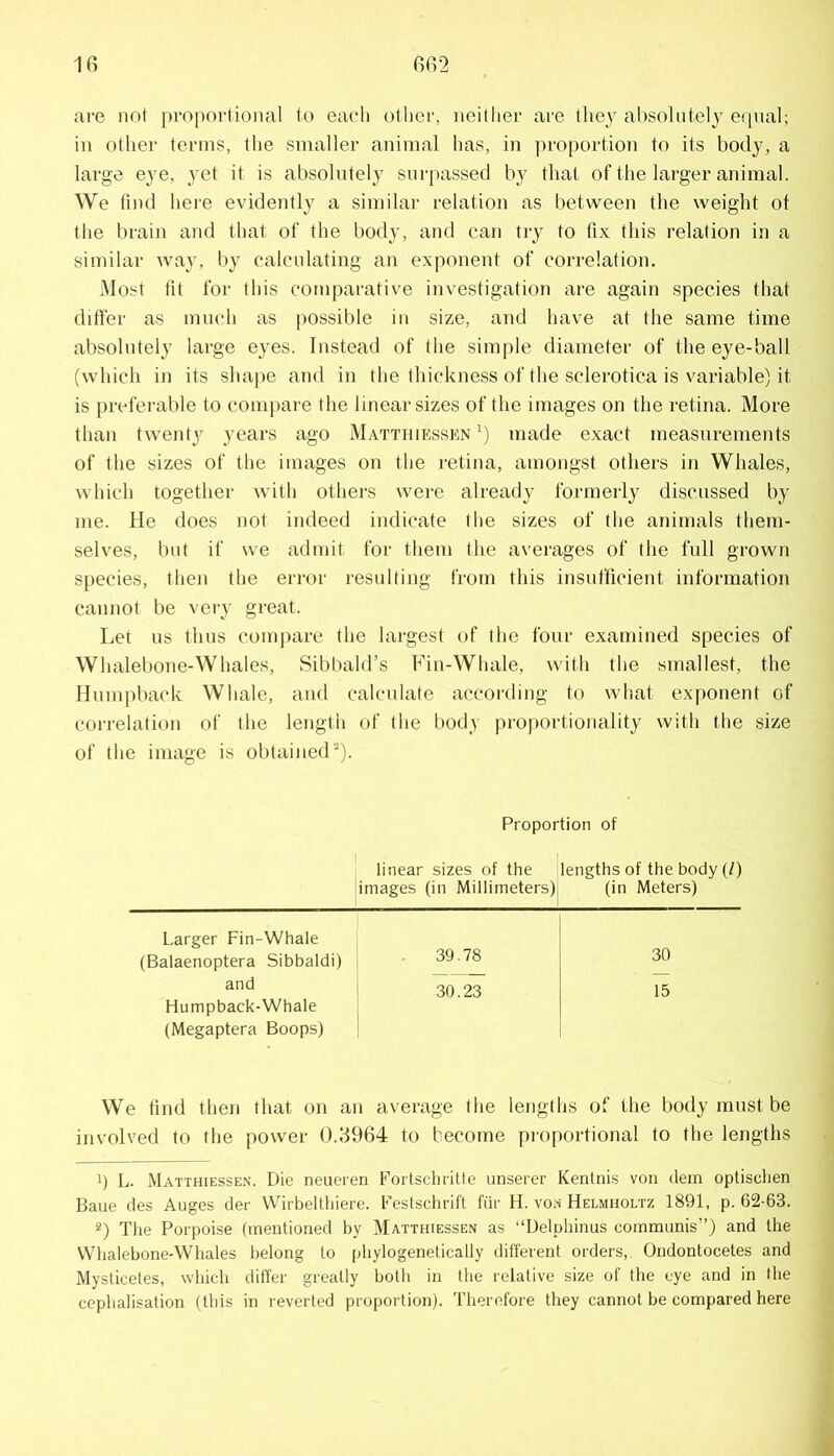 are not proportional to eacli other, neitlier are they al)Solntely equal; in other terms, the smaller animal has, in proportion to its body, a large eye, yet it is absolutely surpassed by that of the larger animal. We tind here evidently a similar relation as between the weight of the brain and that of the body, and can try to fix this relation in a similar way, by calculating an exponent of correlation. Most fit for this comparative investigation are again species that differ as much as possible in size, and have at the same time absolutely large eyes. Instead of the simple diameter of the eye-ball (which in its shajie and in the thickness of the sclerotica is variable) it is preferable to compare the linear sizes of the images on the retina. More than twentj years ago Matthiesskn made exact measurements of the sizes of the images on the retina, amongst others in Whales, which together with others were already formerly discussed by me. He does not indeed indicate the sizes of the animals them- selves, but if we admit for them the averages of the full grown species, then the error resulting from this insufficient information cannot be very great. Let us thus conqiare the largest of the four examined species of Whalebone-Whales, Sibliald’s Fin-Whale, with the smallest, the Humpback Whale, and calculate according to what ex|)onent of correlation of the length of the body proportionality with the size of the image is obtained’^). Proportion of linear sizes of the images (in Millimeters) lengths of the body (/) (in Meters) Larger Fin-Whale 39.78 30 (Balaenoptera Sibbaldi) and Humpback-Whale (Megaptera Boops) 30.23 15 We tind then that on an average the lengths of the body must be involved to the power 0.3964 to become pi'oportional to the lengths 1) L. Matthiessen. Die neueren Fortschritte unserer Kentnis von dem optischen Baue des Auges der Wii-belthiere. Festschrift fiir H. voii- Helmholtz 1891, p. 62-63. 2) The Porpoise (mentioned by Matthiessen as “Delphinus communis”) and the VVlialebone-Whales belong to phylogenetically different orders, Ondontocetes and Mysticeles, which differ greatly both in the relative size of the eye and in the cephalisation (this in reverted proportion). Therefore they cannot be compared here