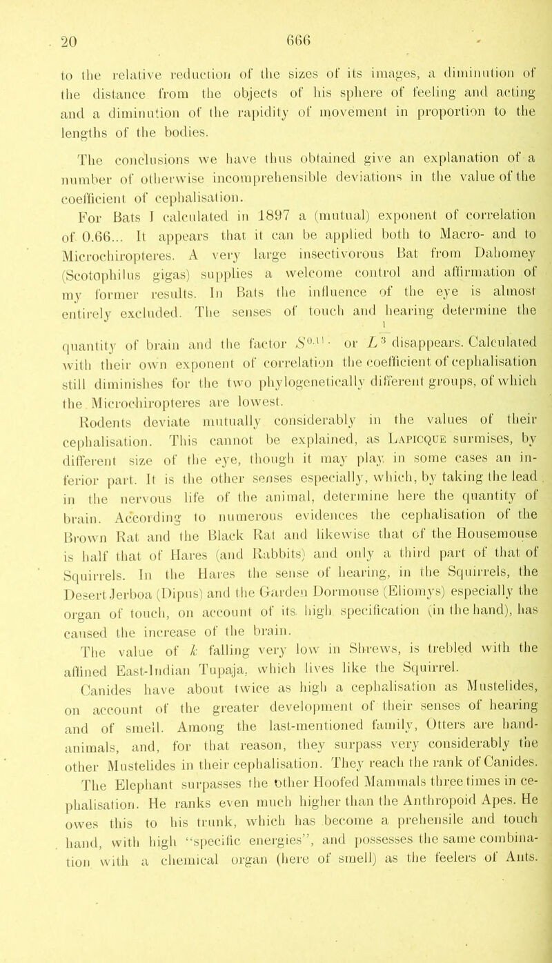 to llie relative reduction of the sizes of its images, a diminution of the distance from tlie objects of his sphere of feeling and acting and a diminnlion of tlie rapidity of movement in proportion to the lengths of the bodies. The conclusions we have thus obtained give an explanation of a number of otherwise incom[)rehensible deviations in the value of the coeflicient of cephalisalion. For Bats I calculated in 1897 a (mutual) exponent of correlation of 0.66... It ap[>ears that it can be ap[)lied both to Macro- and to Microchiropteres. A very large insectivorous Bat from Dahomey (Scotophilus gigas) supplies a welcome control and alhrmation of my former results, lii Bats the iulluence of the eye is almost entirely excluded. The senses of touch and hearing determine the (inantity of brain and the factor aS’^  • or ^ (lisap()ears. Calculated with their own exponent of correlation the coetlicient of cephalisation still diminishes for the two phylogcnetically different groups, of which the Microchiropteres are lowest. Kodeiits deviate mutually considerably in the values of their cephalisation. This cannot be explained, as Lapicque surmises, by dilferent size of the eye, though it may i)lay in some cases an in- ferior part. It is the other senses especially, which, by taking the lead , in the nervous life of the animal, determine here the quantity of brain. According to numerous evidences the cephalisation of the Brown Rat and the Black Rat and likewise that of the Housemonse is half that of Hares (and Rabbits) and only a third part of that of S(piirrels. In the Hares the sense of hearing, in the Squirrels, the Desert.lerboa (Dipus) and the Carden Dormouse (Eliomys) especially the organ of touch, on account of its. high specification (in the hand), has caused the ii\crease of the brain. The value of k falling very low in Shrews, is trebled with the affined East-lndian Tu[)aja, which lives like the Squirrel. Canides have about twice as high a cephalisation as Mustelides, on account of the greater develoinnent of their senses of hearing and of smell. Among the last-mentioned family. Otters are hand- animals, and, for that reason, they surpass very considerably the other Mustelides in their cephalisation. They reach the rank of Canides. The Elephant surpasses the other Hoofed Mammals three times in ce- phalisation. He ranks even much higher than the Anthropoid Apes. He owes this to his trunk, which has become a pr'ehensile and touch hand, with high “specific energies”, and [)Ossesses the same combina- tion with a chemical organ (here of smell) as the feelers of Ants.