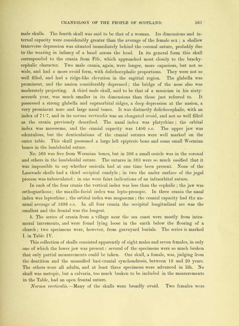 male skulls. Tlie fourth skull was said to be that of a woman. Its dimensions and in- ternal capacity were considerably greater than the average of the female sex ; a shallow transverse depression v/as situated immediately behind the coronal suture, probably due to the wearing in infancy of a baud across the head. In its general form this skull corresponded to the crania from Fife, which approached most closely to the brachy- cephalic character. Two male crania, again, were longer, more capacious, but not so wide, and had a more ovoid form, with dolichocephalic proportions. They were not so well filled, and had a ridge-like elevation in the sagittal region. The glabella was prominent, and the nasion considerably depressed; the bridge of the nose also was moderately projecting. A third male skull, said to be that of a musician in his sixty- seventh year, was much smaller in its dimensions than those just referred to. It possessed a strong glabella and supraorbital ridges, a deep depression at the nasion, a very prominent nose and large nasal bones. It was distinctly dolichocephalic, with an index of 71‘7, and in its norma verticalis was an elongated ovoid, and not so well filled as the crania previously described. The nasal index was platyrhine ; the orbital index was mesoseme, and the cranial capacity was 1400 c.c. The upper jaw was edentulous, but the denticulations of the cranial sutures were well marked on the outer table. This skull possessed a large left epipteric bone and some small Wormian bones in the lambdoidal suture. No. 566 was free from Wormian bones, but in 386 a small ossicle was in the coronal and others in the lambdoidal suture. The sutures in 383 were so much ossified that it was impossible to say whether ossicula had at one time been present. None of the Lasswade skulls had a third occipital condyle ; in two the under surface of the jugal process was tuberculated : in one were faint indications of an infraorbital suture. In each of the four crania the vertical index was less than the cephalic ; the jaw was orthognathous; the maxillo-facial index was lepto-prosopic. In three crania the nasal index was leptorhine ; the orbital index was megaseme ; the cranial capacity had the un- usual average of 1698 c.c. In all four crania the occipital longitudinal arc was the smallest and the frontal was the longest. h. The series of crania from a village near the sea coast were mostly from intra- mural interments, and were found lying loose in the earth below the flooring of a church; two specimens were, however, from graveyard burials. The series is marked I. in Table IV. This collection of skulls consisted apparently of eight males and seven females, in only one of which the lower jaw was present: several of the specimens were so much broken that only partial measurements could be taken. One skull, a female, was, judging from the dentition and the unossified basi-cranial synchondrosis, between 18 and 20 years. The others were all adults, and at least three specimens were advanced in life. No skull was metopic, but a calvaria, too much broken to be included in the measurements in the Table, had an open frontal suture. Norma verticalis.—Many of the skulls were broadly ovoid. Two females were