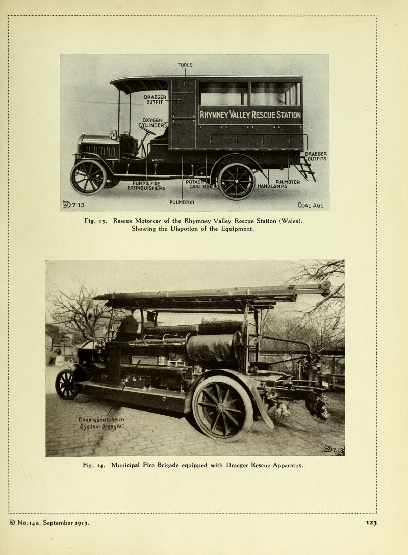 TOOLS DRAEGER OUTFIT ■ OXYGEN_ YUNDERS. DRAEGER t OUTFITS PULMOTOR POTA^ CARTRll PUMP i FIRE EXTINGUISHERS MANDLAMPS IRHYMNEYVAILEYRESCUE STATION ^7'13 PULMOTOR Coal Age Fig. 13. Rescue Motorcar of the Rhymney Valley Rescue Station (Wales). Showing the Dispotion of the Equipment. Fig. 14. Municipal Fire Brigade equipped with Draeger Rescue Apparatus.