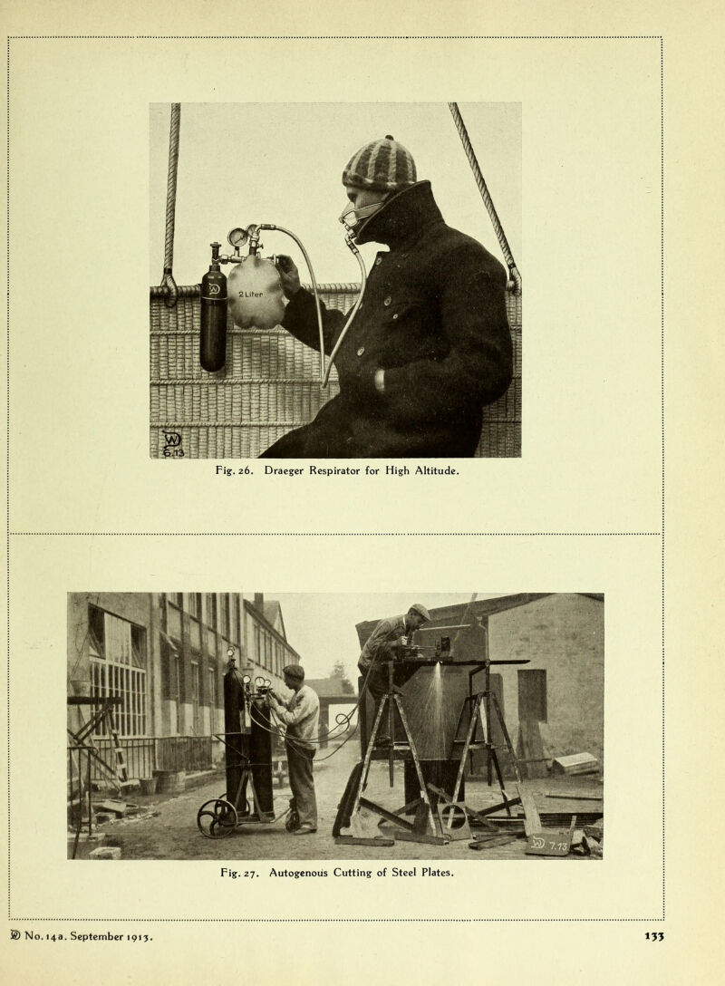 Fig. 26. Draegcr Respirator for High Altitude. Fig. 27. Autogenous Cutting of Steel Plates.