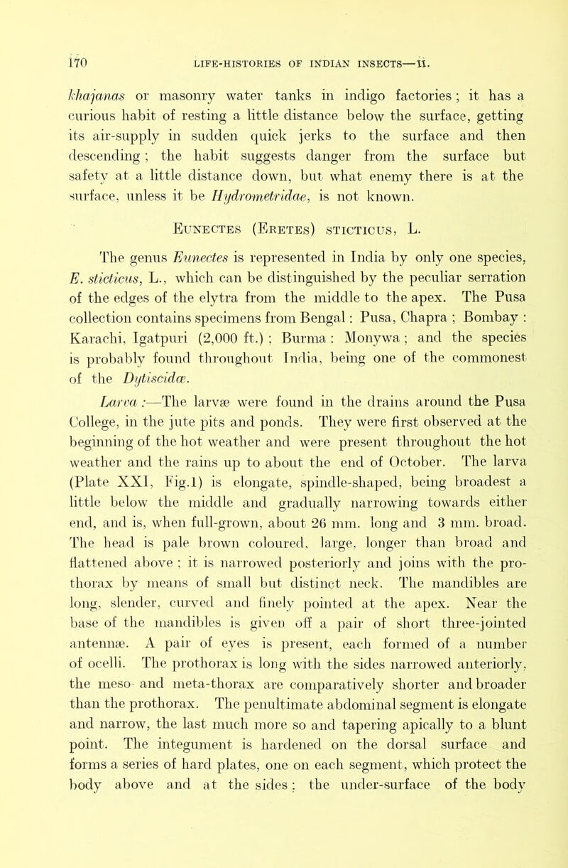 khajanas or masonry water tanks in indigo factories; it has a curious habit of resting a little distance below the surface, getting its air-supply in sudden quick jerks to the surface and then descending ; the habit suggests danger from the surface but safety at a little distance down, but what enemy there is at the surface, unless it be Hydrometridae, is not known. Eunectes (Eretes) sticticus, L. The genus Eunectes is represented in India by only one species, E. sticticus, L., which can be distinguished by the peculiar serration of the edges of the elytra from the middle to the apex. The Pusa collection contains specimens from Bengal: Pusa, Chapra ; Bombay : Karachi, Igatpuri (2,000 ft.) ; Burma : Monywa ; and the species is proliably found throughout India, being one of the commonest of the Dytiscidce,. Larva:—The larvae were found in the drains around the Pusa College, in the jute pits and ponds. They were first observed at the beginning of the hot weather and were present throughout the hot weather and the rains up to about the end of October. The larva (Plate XXI, Fig.l) is elongate, spindle-shaped, being broadest a little below the middle and gradually narrowing towards either end, and is, when full-grown, about 26 mm. long and 3 mm. broad. The head is pale brown coloured, large, longer than broad and flattened above ; it is narrowed posteriorly and joins with the pro- thorax by means of small but distinct neck. The mandibles are long, slender, curved and finely pointed at the apex. Near the base of the mandibles is giveo off a pair of short three-jointed antennse. A pair of eyes is present, each formed of a number of ocelli. The prothorax is long with the sides narrowed anteriorly, the nieso and meta-thorax are comparatively shorter and broader than the prothorax. The penultimate abdominal segment is elongate and narrow, the last much more so and tapering apically to a blunt point. The integument is hardened on the dorsal surface and forms a series of hard plates, one on each segment, which protect the body above and at the sides; the under-surface of the body