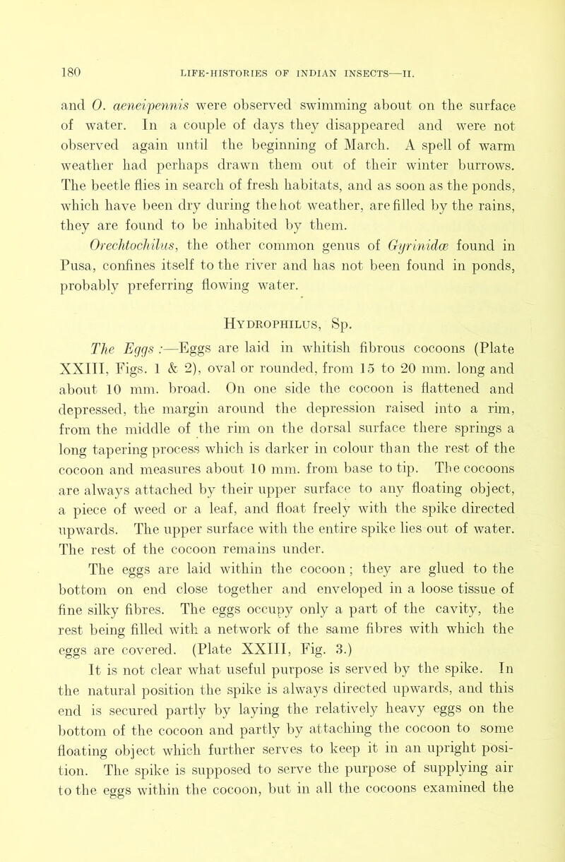and 0. aenei'pemiis were observed swimming about on the surface of water. In a couple of days they disappeared and were not observed again until the beginning of March. A spell of warm weather had perhaps drawn them out of their winter burrows. The beetle flies in search of fresh habitats, and as soon as the ponds, which have been dry during the hot weather, are filled by the rains, they are found to be inliabited by them. Orechtochiliis, the other common genus of Gyrinidce found in Pnsa, confines itself to the river and has not been found in ponds, probably preferring flowing water. Hydrophilus, Sp, The Eggs :—Eggs are laid in whitish fibrous cocoons (Plate XXIII, Figs. 1 & 2), oval or rounded, from 15 to 20 mm. long and about 10 mm. broad. On one side the cocoon is flattened and depressed, the margin around the depression raised into a rim, from the middle of the rim on the dorsal surface there springs a long tapering process which is darker in colour than the rest of the cocoon and measures about 10 mm. from base to tip. The cocoons are always attached liy their upper surface to any floating object, a piece of weed or a leaf, and float freely with the spike directed upwards. The upper surface with the entire spike lies out of water. The rest of the cocoon remains under. The eggs are laid within the cocoon; they are glued to the bottom on end close together and enveloped in a loose tissue of fine silky fibres. The eggs occupy only a part of the cavity, the rest being filled with a network of the same fibres with which the eggs are covered. (Plate XXIII, Fig. 3.) It is not clear what useful purpose is served by the spike. In the natural position the spike is always directed upwards, and this end is secured partly by laying the relatively heavy eggs on the bottom of the cocoon and partly by attaching the cocoon to some floating object which further serves to keep it in an upright posi- tion. The spike is supposed to serve the purpose of supplying air to the eggs within the cocoon, but in all the cocoons examined the