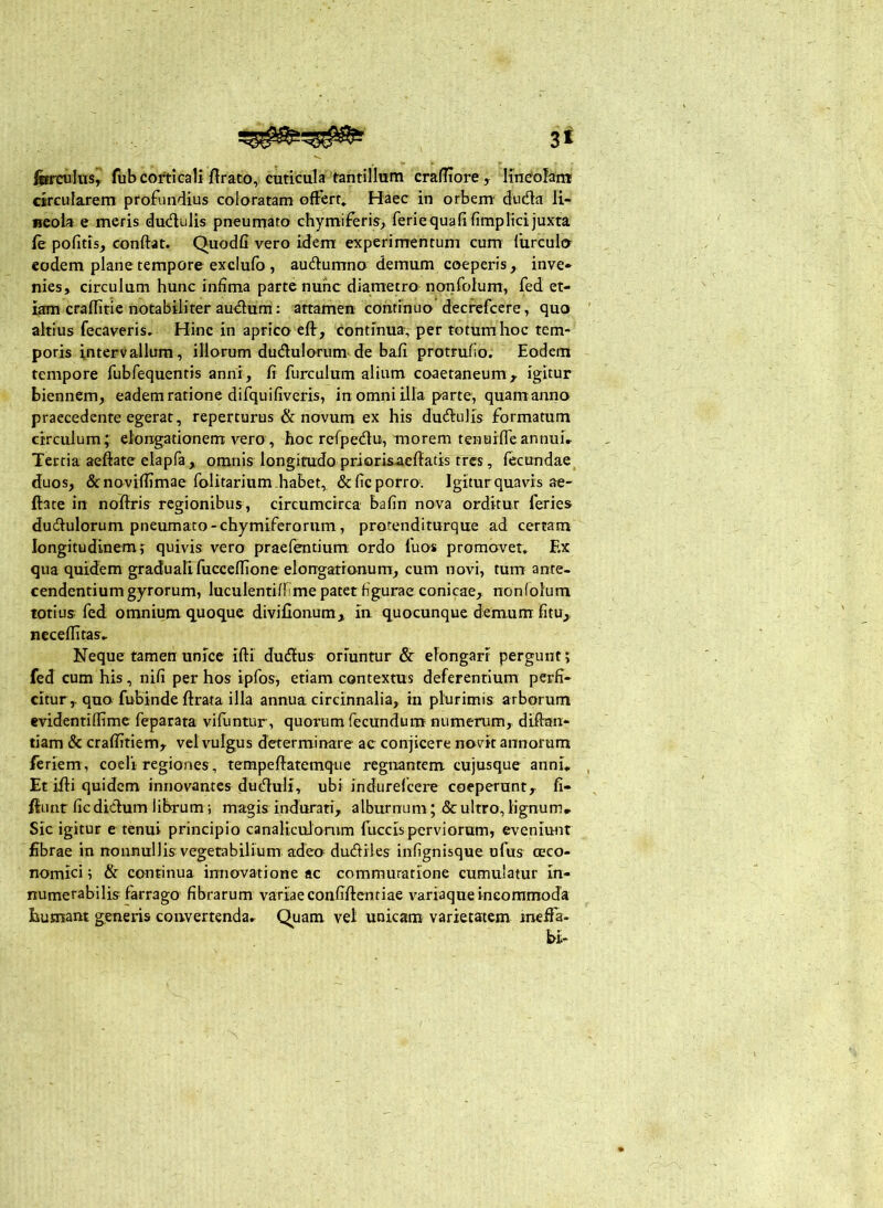 3* forculus, fub corticali firato, cuticula fantilluni cralTiorC y Hncolanj circularem profundius coloratam offert» Haec in orbem dudla li- Bcola e meris dudulis pneumato chymiferis^ ferie qua fi fimp lici juxta fe pofitis, confiat. Quodfi vero idem experimentum cum fiirculo eodem plane tempore exclufo , audumno demum coeperis, inve»^ nies, circulum hunc infima parte nunc diametro nonfolum, fed et- iam crafiitie notabiliter audum: attamen continuo decrefcere, quo altius fecaveris. Hinc in aprico eff, continua’, per totum hoc tem- poris intervallum, illorum dudulorum de bafi protmfio. Eodem tempore fubfequentis anni, fi furculum alium coaetaneum, igitur biennem, eadem ratione difquifiveris, in omni illa parte, quam anno praecedente egerat, reperturus & novum ex his dudulis formatum circulum; elongationem vero , hoc refpedu, morem tenaifleannuu Tertia aeftatc elapfa, omnisTongitudo priorisacfiatis tres, fecundae duos, dcnoviflimae folitarium habet,. &ficporro'. Igitur quavis ae- ftace in noftris regionibus, circumcirca bafin nova orditur feries dudulorum pneumato-chymifcrorum, protenditurque ad certam longitudinem j quivis vero praefentium ordo fuos promovet. Ex qua quidem gradualifuccefiione elongationum, cum novi, tum ante- eendentium gyrorum, luculentifiime patet figurae conicae, nonfolum totius fed omnium <iuoque diviflonum, in quocunque demum fitu, neceffitas* Neque tamen unice ifii dudus oriuntur & elongari pergunt; fed cum his, nifi per hos ipfos, etiam contextus deferentium perfi- citur, quo fubinde ftrata illa annua circinnalia, in plurimis arborum evidentiflimc feparata vifuntur, quorum fecundum numerum, diftan- tiam & crafljtiem, vel vulgus determinare ac conjicere novit annorum feriem , coeli regiones , tempeftatemque regnantem cujusque anni* Et ifli quidem innovantes duduli, ubi indurefeere coeperunt, fi- /iimr fic didum librum; magis indurati, alburnum; & ultro, lignum» Sic igitur e tenui principio canaliculomm fuccisperviorum, eveniunt fibrae in nonnullis vegetabilium adeo’ dudiles infignisque ufus oeco- nomici ; & continua innovatione ac commutatione cumulatur in- numerabilis farrago fibrarum variae confidentiae variaque ineommoda humant generis convertenda» Quam vel unicam varietatem mefia- bi-