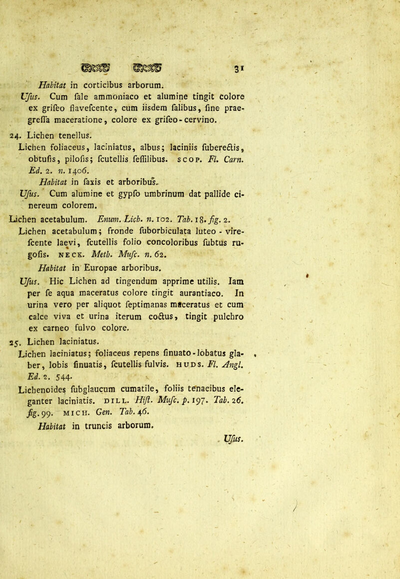 Halitat in corticibus arborum. Ufas. Cum fale ammoniaco et alumine tingit colore ex grifeo flavefcente, cum iisdem Talibus, fine prae- grefia maceratione, colore ex grifeo-cervino. 24. Lichen tenellus. Lichen foliaceus, laciniatus, albus; laciniis fubere&is, obtufis, pilofis; fcutellis felfilibus. scop. FI. Carn. Ed. 2. n. 1406. Habitat in faxis et arboribus.. Ufus. Cum alumine et gypfo umbrinum dat pallide ci- nereum colorem. .Lichen acetabulum. Enum.Licb. n.102. Tab. ift.fig. 2. Lichen acetabulum; fronde fuborbiculata luteo - vire- fcente laevi, fcutellis folio concoloribus fubtus ru- % gofis. neck. Meth. Mufc. n. 62. Habitat in Europae arboribus. Ufus. Hic Lichen ad tingendum apprime utilis. Iam per fe aqua maceratus colore tingit aurantiaco. In urina vero per aliquot feptimanas maceratus et cum calce viva et urina iterum co6tus, tingit pulchro ex carneo fulvo colore. 25. Lichen laciniatus. Lichen laciniatus; foliaceus repens finuato-lobatus gla- ber, lobis finuatis, fcutellis fulvis, huds. FI. Angi. Ed. 2. 544* Lichenoidesi fubglaucum cumatile, foliis tenacibus ele- ganter laciniatis. dill. Hift. Mufc. p. 197. Tab. 26. fig. 99. mich. Gen. Tab. 46. Habitat in truncis arborum. Ufus.