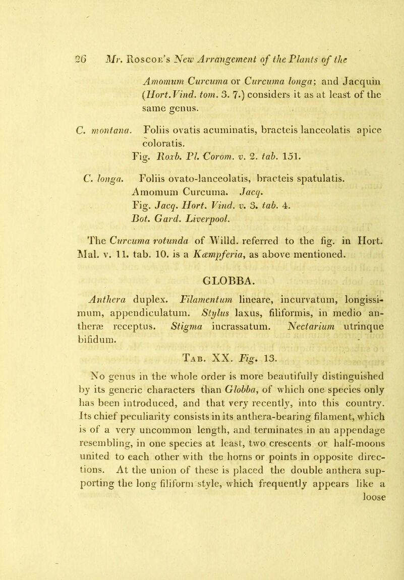 Amomwn Curcuma or Curcuma longa; and Jacquin {Hort.Vind. tom. 3. 7*) considers it as at least of the same genus. C. montana. Foliis ovatis acuminatis, bracteis lanceolatis a pice coloratis. Fig. lloxh. PL Corom. v. 2. tab. 151. C. longa. Foliis ovato-lanceolatis, bracteis spatulatis. Amomum Curcuma. Jacq. Fig. Jacq. Hort. Vind. v. 3. tab. 4. Bot. Card. Liverpool. The Curcuma rotunda of Willd. referred to the fig. in Hort. Mai. V. 11. tab. 10. is a Kcempferia, as above mentioned. GLOBBA. Anthera duplex. Fila}nentu?n lineare, incurvatum, longissi- mum, appendiculatum. Stylus laxus, filiformis, in medio an- therae receptus. Stigma incrassatum. Nectarium utrinque bifidum. Tab. XX. Fig. 13. No genus in the whole order is more beautifully distinguished by its generic characters than Globba, of which one species only has been introduced, and that very recently, into this country. Its chief peculiarity consists in its anthera-bearing filament, which is of a very uncommon length, and terminates in an appendage resembling, in one species at least, two crescents or half-moons united to each other with the horns or points in opposite direc- tions. At the union of these is placed the double anthera sup- porting the long filiform style, which frequently appears like a loose