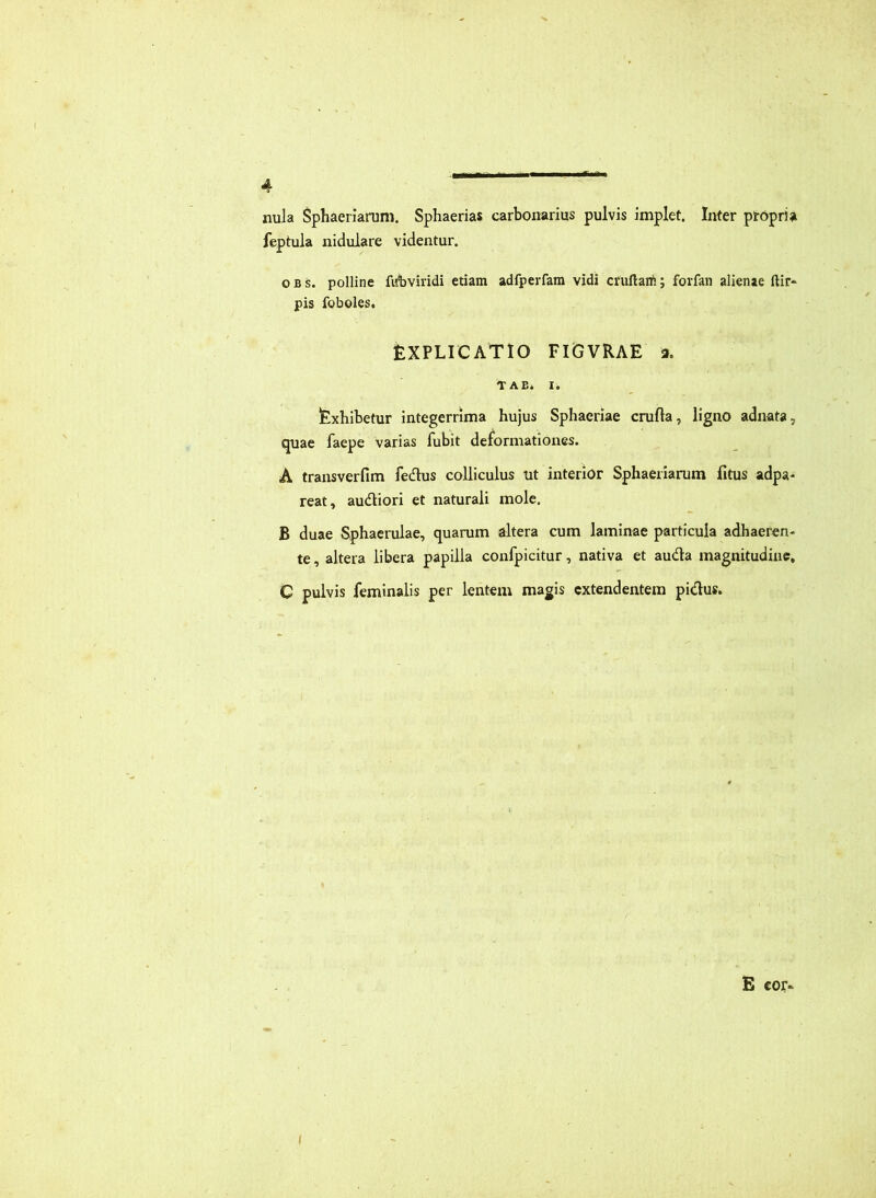 nula Sphaeriarum. Sphaerias carbonarius pulvis implet. Inter propria feptula nidulare videntur. DBS. polline fubviridi etiam adfperfam vidi cruftaiti; fovfan alienae ftir- pis foboles. EXPLICATIO FIGVRAE a. TAE. I. Exhibetur integerrima hujus Sphaeriae crufla, ligno adnata, ^ae faepe varias fubit deformationes. A transverfim fedlus colliculus ut interior Sphaeriarum fitus adpa- reat, audiori et naturali mole. B duae Sphaerulae, quarum altera cum laminae particula adhaeren- te, altera libera papilla confpicitur, nativa et auda magnitudine, C pulvis feminalis per lentem magis extendentem pidus.