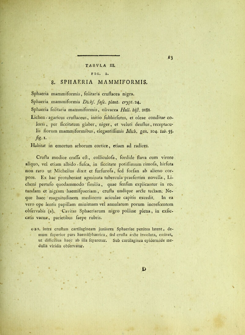 . FiG. a. 8. SPHAERIA MAMMIFORMIS. Sphaeria mammiformis, folitaria cruftacea nigra. Sphaeria mammiformis DickJ. fafc. piant, crypt.24. Sphaeria folitaria mammiformis, olivacea Hali. hijl. 218I' Lichen - agaricus cruflaceus, initio fubhirfutus, et oleae conditae co- loris, per llccitatein glaber, niger, et veluti deudus, receptacu- lis florum mammiforinibus, elegantillimis Micb, gen. 104. tab.$$. fig-1- Habitat in emortuo arborum cortice, etiam ad radices. Cruda modice cralTa ed, colliculofa, fordide dava cum virore aliquo, vel etiam albido - fufca, in decitate potidimum rimofa, hirfuta non raro ut Michelius dixit et furfurofa, fed forfan ab alieno cor- pore. Ex hac protuberant agminata tubercula praefertim novella, Li- cheni pertufo quodammodo'dmilia, quae fendm explicantur in ro- tundam et nigram haemifpaeriam, cruda undique arde teclam; Ne- que haec magnitudinem mediocris aciculae capitis excedit. In ea vero ope lentis papillam minimam vel annulatum porum increfeentem obfervabis (a). Cavitas Sphaeriarum nigro polline plena, in exdc- catis vacua, parietibus faepe rubris. OBS. intra cruftam cartilagineam juniores Sphaeriae penitus latent, de- mum fuperior pars haemifpbaerica, fed cruda arfte involuta, eminet, ut difficilius haec ab illa feparetur. Sub cartilaginea epidermide me- dulla viridis obfervatw. D