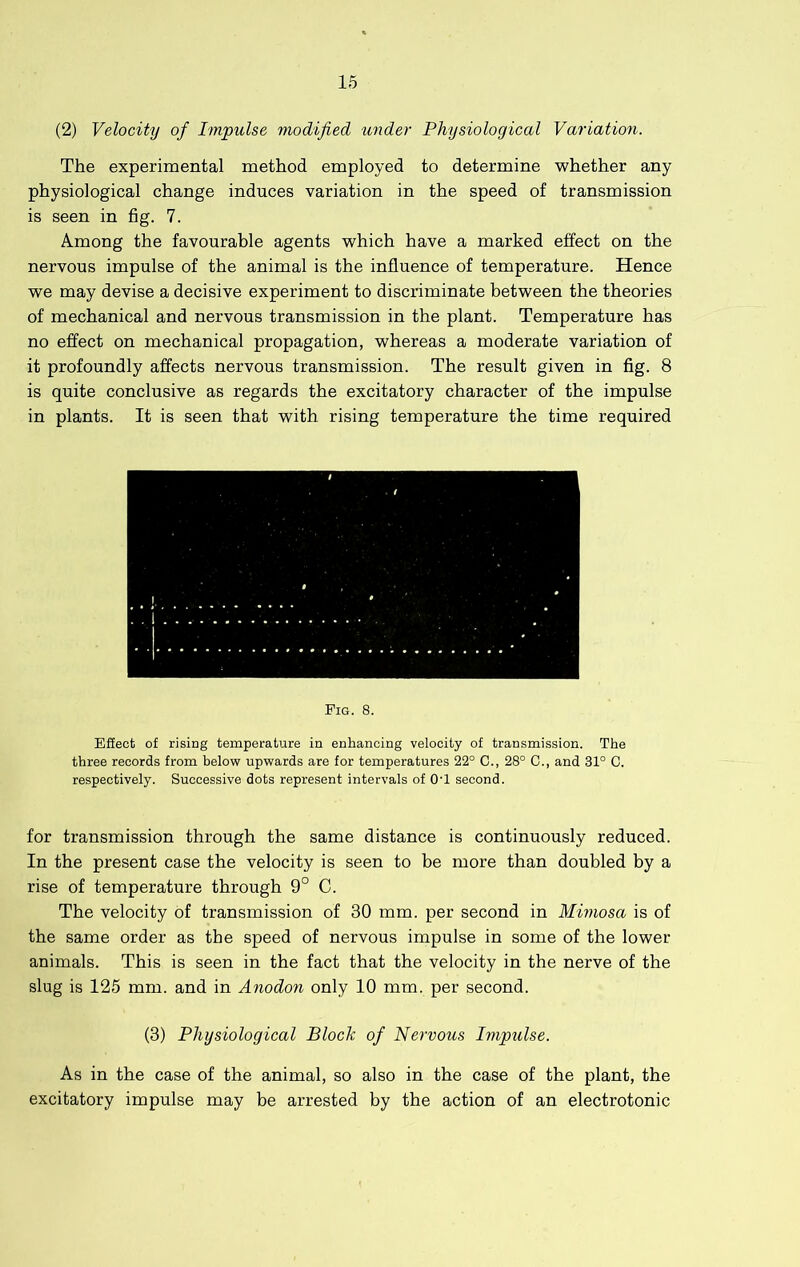 (2) Velocity of Impulse modified under Physiological Variation. The experimental method employed to determine whether any physiological change induces variation in the speed of transmission is seen in fig. 7. Among the favourable agents which have a marked effect on the nervous impulse of the animal is the influence of temperature. Hence we may devise a decisive experiment to discriminate between the theories of mechanical and nervous transmission in the plant. Temperature has no effect on mechanical propagation, whereas a moderate variation of it profoundly affects nervous transmission. The result given in fig. 8 is quite conclusive as regards the excitatory character of the impulse in plants. It is seen that with rising temperature the time required Fig. 8. Effect of rising temperature in enhancing velocity of transmission. The three records from helow upwards are for temperatures 22° C., 28° C., and 31° C. respectively. Successive dots represent intervals of O'l second. for transmission through the same distance is continuously reduced. In the present case the velocity is seen to be more than doubled by a rise of temperature through 9° C. The velocity of transmission of 30 mm. per second in Mimosa is of the same order as the speed of nervous impulse in some of the lower animals. This is seen in the fact that the velocity in the nerve of the slug is 125 mm. and in Anodon only 10 mm. per second. (3) Physiological Block of Nervous Impulse. As in the case of the animal, so also in the case of the plant, the excitatory impulse may be arrested by the action of an electrotonic