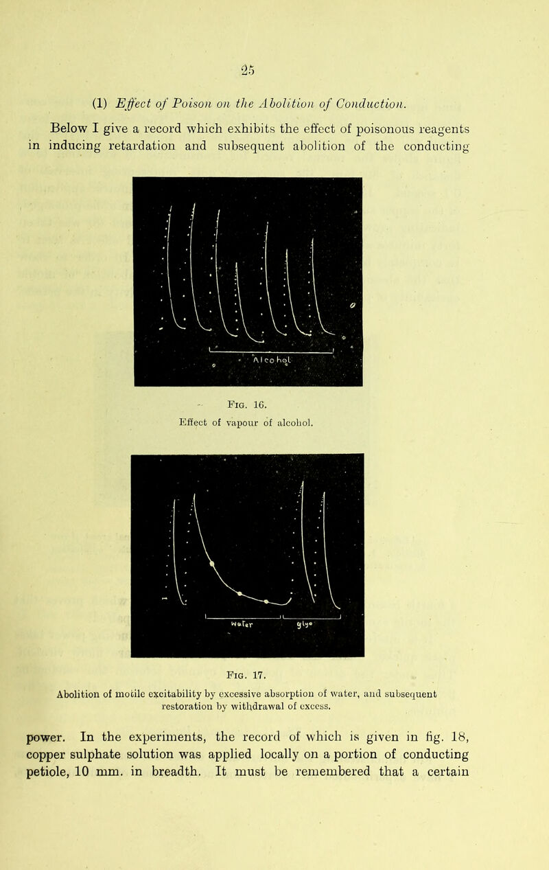 (1) Effect of Poison on the Abolition of Conduction. Below I give a record which exhibits the effect of poisonous reagents in inducing retardation and subsequent abolition of the conducting Fig. IG. Effect of vapour of alcohol. Fig. 17. Abolition of motile excitability by excessive absorption of water, and subsequent restoration by withdrawal of excess. power. In the experiments, the record of which is given in hg. 18, copper sulphate solution was applied locally on a portion of conducting