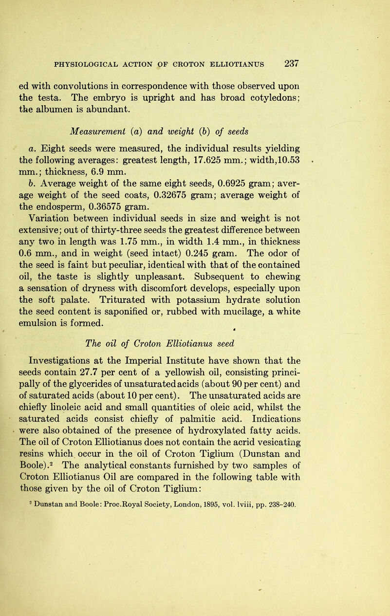 ed with convolutions in correspondence with those observed upon the testa. The embryo is upright and has broad cotyledons; the albumen is abundant. Measurement (a) and weight (b) of seeds a. Eight seeds were measured, the individual results yielding the following averages: greatest length, 17.625 mm.; width,10.53 mm.; thickness, 6.9 mm. h. Average weight of the same eight seeds, 0.6925 gram; aver- age weight of the seed coats, 0.32675 gram; average weight of the endosperm, 0.36575 gram. Variation between individual seeds in size and weight is not extensive; out of thirty-three seeds the greatest difference between any two in length was 1.75 mm., in width 1.4 mm., in thickness 0.6 mm., and in weight (seed intact) 0.245 gram. The odor of the seed is faint but peculiar, identical with that of the contained oil, the taste is slightly unpleasant. Subsequent to chewing a sensation of dryness with discomfort develops, especially upon the soft palate. Triturated with potassium hydrate solution the seed content is saponified or, rubbed with mucilage, a white emulsion is formed. The oil of Croton Elliotianus seed Investigations at the Imperial Institute have shown that the seeds contain 27.7 per cent of a yellowish oil, consisting princi- pally of the glycerides of unsaturated acids (about 90 per cent) and of saturated acids (about 10 per cent). The unsaturated acids are chiefly linoleic acid and small quantities of oleic acid, whilst the saturated acids consist chiefly of palmitic acid. Indications were also obtained of the presence of hydroxylated fatty acids. The oil of Croton Elliotianus does not contain the acrid vesicating resins which occur in the oil of Croton Tiglium (Dunstan and Boole).2 The analytical constants furnished by two samples of Croton Elliotianus Oil are compared in the following table with those given by the oil of Croton Tiglium: “ Dunstan and Boole: Proc.Royal Society, London, 1895, vol. Iviii, pp. 238-240.