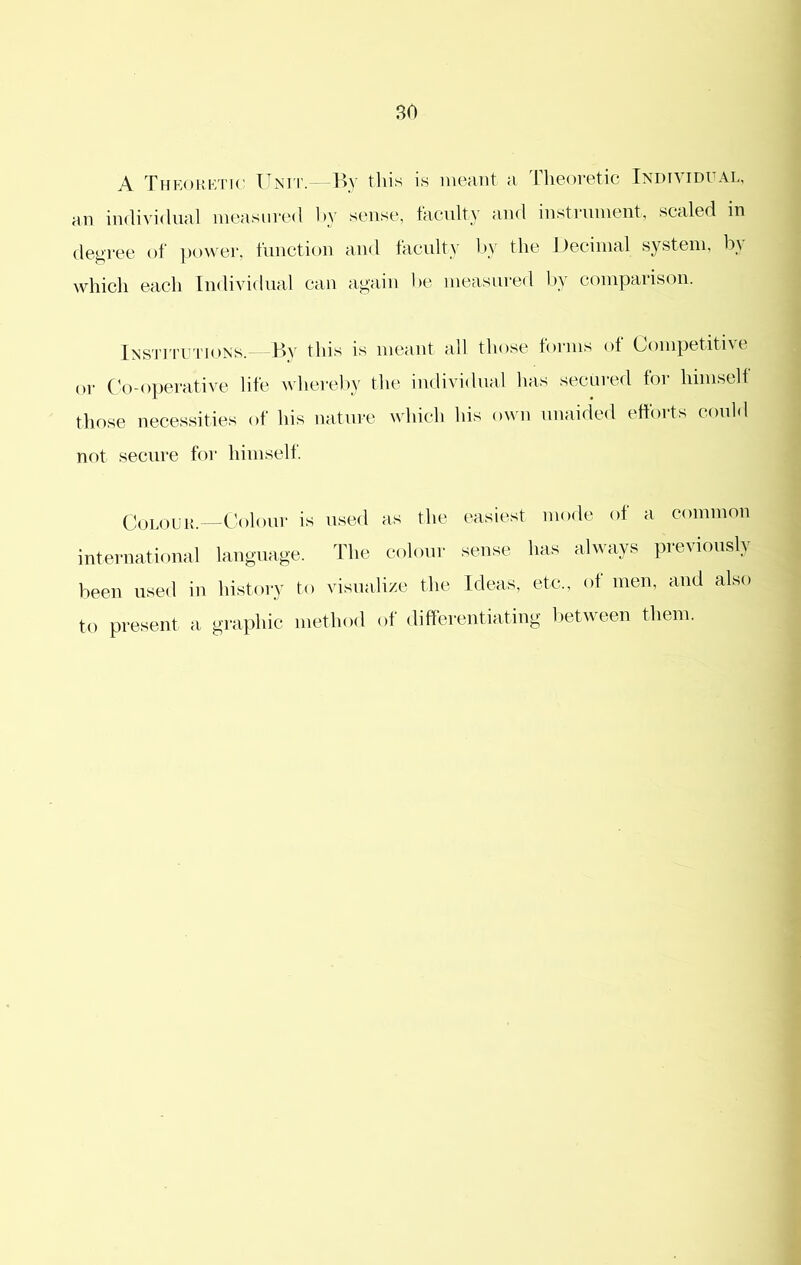 80 A Theoi!KTI(' Unt'I’.— By this is meant a Theoretic Individual, an individual measured hy sense, faculty and instrument, scaled in degree of power, function and faculty by the Decimal system, by which each Individual can again be measured 1>a compaiison. iNS'riTUTioNs.- By this is meant all those forms of Oompetiti\t or Co-operative life whereby the individual has secured for himself those necessities of his nature which his own unaided efforts could not secure for himself. py^i^OUiL—Colour is used as the easiest mode of a common international language. The colour sense has always previously been used in history to visualize the Ideas, etc., of men, and also to present a graphic method of differentiating lietween them.