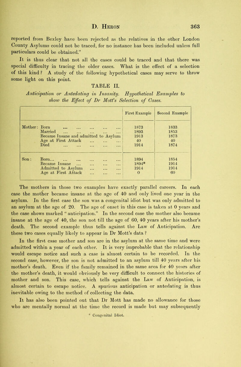 reported from Bexley have been rejected as the relatives in the other London County Asylums could not be traced, for no instance has been included unless full particulars could be obtained.” It is thus clear that not all the cases could be traced and that there was special difficulty in tracing the older cases. What is the effect of a selection of this kind ? A study of the following hypothetical cases may serve to throw some light on this point. TABLE II. Anticipation or Antedating in Insanity. Hypothetical Examples to show the Effect of Dr Mott’s Selection of Gases. First Example Second Example Mother: Born 1873 1833 Married 1893 1853 Became Insane and admitted to Asylum 1913 1873 Age at First j^.ttack 40 40 Died 1914 1874 Son : Born 1894 1854 Became Insane 1894* 1914 Admitted to Asylum 1914 1914 Age at First Attack 0 60 The mothers in those two examples have exactly parallel careers. In each case the mother became insane at the age of 40 and only lived one year in the asylum. In the first case the son w'as a congenital idiot but was onl}^ admitted to an asylum at the age of 20. The age of onset in this case is taken at 0 years and the case shows marked “ anticipation.” In the second case the mother also became insane at the age of 40, the son not till the age of 60, 40 years after his mother’s death. The second example thus tells against the Law of Anticipation. Are these two cases equally likely to appear in Dr Mott’s data ? In the first case mother and son are in the asylum at the same time and were admitted within a year of each other. It is very improbable that the relationship would escape notice and such a case is almost certain to be recorded. In the second case, however, the son is not admitted to an asylum till 40 years after his mother’s death. Even if the family remained in the same area for 40 years after the mother’s death, it would obviously be very difficult to connect the histories of mother and son. This case, which tells against the Law of Anticipation, is almost certain to escape notice. A spurious anticipation or antedating is thus inevitable owing to the method of collecting the data. It has also been pointed out that Dr Mott has made no allowance for those who are mentally normal at the time the record is made but may subsequently Congenital Idiot.