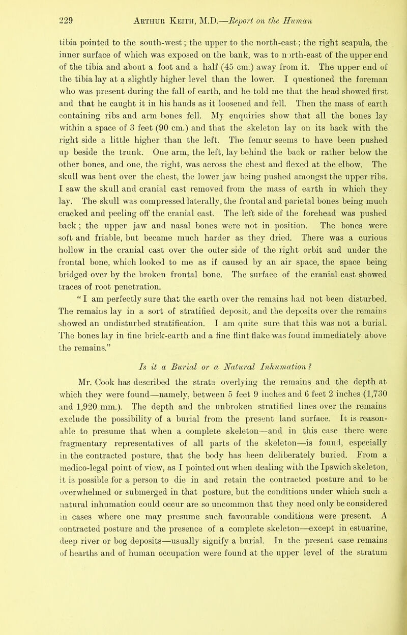 tibia pointed to the south-west; the upper to the north-east; the right scapula, the inner surface of which was exposed on the bank, was to north-east of the upper end of the tibia and about a foot and a half (45 cm.) away from it. The upper end of the tibia lay at a slightly higher level than the lower. I questioned the foreman who was present during the fall of earth, and he told me that the head showed first and that he caught it in his hands as it loosened and fell. Then the mass of earth containing ribs and arm bones fell. My enquiries show that all the bones lay within a space of 3 feet (90 cm.) and that the skeleton lay on its back with the right side a little higher than the left. The femur seems to have been pushed up beside the trunk. One arm, the left, lay behind the back or rather below the other bones, and one, the right, was across the chest and Hexed at tbe elbow. The skull was bent over the chest, the lower jaw being pushed amongst the upper ribs. I saw the skull and cranial cast removed from the mass of earth in which they lay. The skull was compressed laterally, the frontal and parietal bones being much cracked and peeling off the cranial cast. The left side of the forehead was pushed back ; the upper jaw and nasal bones were not in position. The bones were soft and friable, but became much harder as they dried. There was a curious hollow in the cranial cast over the outer side of the right orbit and under the frontal bone, which looked to me as if caused by an air space, the space being bridged over by the broken frontal bone. The surface of the cranial cast showed traces of root penetration. “ I am perfectly sure that the earth over the remains liad not been disturbed. The remaius lay in a sort of stratified deposit, and tlie deposits over the remains showed an undisturbed stratification. I am quite sure that this was not a burial. 'Fhe bones lay in fine brick-earth and a fine flint flake was found immediately above the remains.” Is it a Burial or a Natural Inhumation ? Mr. Cook has described the strata overlying the remains and the depth at which they were found—namely, between 5 feet 9 inches and 6 feet 2 inches (1,730 and 1,920 mm.). The depth and the unbroken stratified lines over the remains exclude the possibility of a burial from the present land surface. It is reason- able to presume that when a complete skeleton—and in this case there were fragmentary representatives of all parts of tlie skeleton—is found, especially in the contracted posture, that the body has been deliberately buried. Trom a medico-legal point of view, as I pointed out when dealing with the Ipswich skeleton, it is possible for a person to die in and retain the contracted posture and to be overwhelmed or submerged in that posture, but the conditions under which such a natural inhumation could occur are so uncommon that they need only be considered in cases where one may presume such favourable conditions were present. A contracted posture and the presence of a complete skeleton—except in estuarine, deep river or bog deposits—usually signify a burial. In the present case remains of hearths and of human occupation were found at the upper level of the stratum