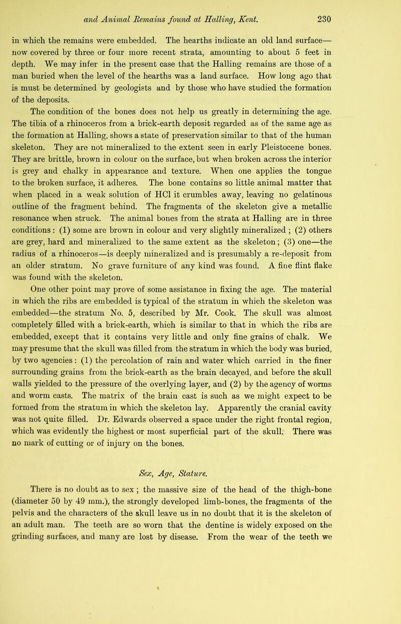 in which the remains were emhedded. The hearths indicate an old land surface— now covered hy three or four more recent strata, amounting to about 5 feet in depth. We may infer in the present case that the Hailing remains are those of a man buried when the level of the hearths was a land surface. How long ago that is must be determined by geologists and by those who have studied the formation of the deposits. The condition of the bones does not help us greatly in determining the age. The tibia of a rhinoceros from a brick-earth deposit regarded as of the same age as the formation at Hailing, shows a state of preservation similar to that of the human skeleton. They are not mineralized to the extent seen in early Pleistocene bones. They are brittle, brown in colour on the surface, but when broken across the interior is grey and chalky in appearance and texture. When one applies the tongue to the broken surface, it adheres. The bone contains so little animal matter that when placed in a weak solution of HCl it crumbles away, leaving no gelatinous outline of the fragment behind. The fragments of the skeleton give a metallic resonance when struck. The animal bones from the strata at Hailing are in three conditions : (1) some are brown in colour and very slightly mineralized ; (2) others are grey, hard and mineralized to the same extent as the skeleton; (3) one—the radius of a rhinoceros—is deeply mineralized and is presumably a re-deposit from an older stratum. No grave furniture of any kind was found. A fine flint flake was found with the skeleton. One other point may prove of some assistance in fixing the age. The material in which the ribs are embedded is typical of the stratum in which the skeleton was embedded—the stratum No. 5, described by Mr. Cook. The skull was almost completely filled with a brick-earth, which is similar to that in which the ribs are embedded, except that it contains very little and only fine grains of chalk. We may presume that the skull was filled from the stratum in which the body was buried, by two agencies : (1) the percolation of rain and water which carried in the finer surrounding grains from the brick-earth as the brain decayed, and before the skull walls yielded to the pressure of the overlying layer, and (2) by the agency of worms and worm casts. The matrix of the brain cast is such as we might expect to be formed from the stratum in which the skeleton lay. Apparently the cranial cavity was not quite filled. Dr. Edwards observed a space under the right frontal region, which was evidently the highest or most superficial part of the skull. There was no mark of cutting or of injury on the bones. Sex, Age, Stature. There is no doubt as to sex ; the massive size of the head of the thigh-bone (diameter 50 by 49 rnm.), the strongly developed Hmb-bones, the fragments of the pelvis and the characters of the skull leave us in no doubt that it is the skeleton of an adult man. The teeth are so worn that the dentine is widely exposed on the grinding surfaces, and many are lost by disease. From the wear of the teeth we