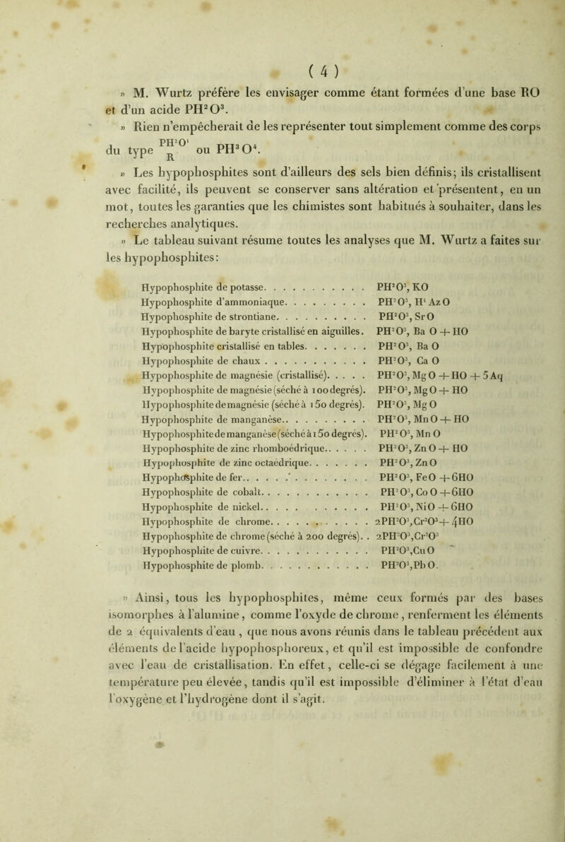 » M. Wurtz préfère les envisager comme étant formées d’une base RO et d’un acide PH2O3. » Rien n’empêcberait de les représenter tout simplement comme des corps PH20‘ du type JJ ou PH30\ » Les bypophosphites sont d’ailleurs des sels bien définis; ils cristallisent avec facilité, ils peuvent se conserver sans altération et'présentent, eu un mot, toutes les garanties que les chimistes sont habitués à souhaiter, dans les recherches analytiques. » Le tableau suivant résume toutes les analyses que M. Wurtz a faites sur les bypophosphites: Hypophosphite de potasse PH203, KO Hypophosphite d’ammoniaque PH2 O3, H' AzO Hypophosphite de strontiane PH203, SrO Hypophosphite de baryte cristallisé en aiguilles. PH2O3, Ba 0 + IIO Hypophosphite cristallisé en tables PH2 O3, Ba 0 Hypophosphite de chaux PH2 O3, Ca 0 Hypophosphite de magnésie (cristallisé) PH2 O3, Mg O + HO + 5 Aq Hypophosphite de magnésie (séché à ioo degrés). PH2 O3, MgO+HO Hypophosphite de magnésie (séché à i5o degrés). PH2 O3, Mg O Hypophosphite de manganèse PH2O3, MnO -f- HO Hypophosphite de manganèse (séché à i5o degrés). PH2 O3, Mn O Hypophosphite de zinc rhomboédrique PH203, Zn O -f- HO Hypophosphite de zinc octaédrique PH2 O3, ZnO Hypophosphite de fer ' PH203, FeO+6H0 Hypophosphite de cobalt PH O3, Co 0 -f-6H0 Hypophosphite de nickel PH203, NiO -f- 6H0 Hypophosphite de chrome 2PH203,Cr203+ 4H0 Hypophosphite de chrome (séché à 200 degrés). . 2PH203,Cr203 Hypophosphite de cuivre PH203,CuO Hypophosphite de plomb PH203,Pb0. » Ainsi, tous les hypophosphites, même ceux formés par des bases isomorphes à l’alumine, comme l’oxyde de chrome , renferment les éléments de 2 équivalents d’eau , que nous avons réunis clans le tableau précédent aux éléments de l’acide hypophosphoreux, et qu’il est impossible de confondre avec l’eau de cristallisation. En effet, celle-ci se dégage facilement à une température peu élevée, tandis qu’il est impossible d’éliminer à l etat d’eau l’oxygène et l’hydrogène dont il s’agit.