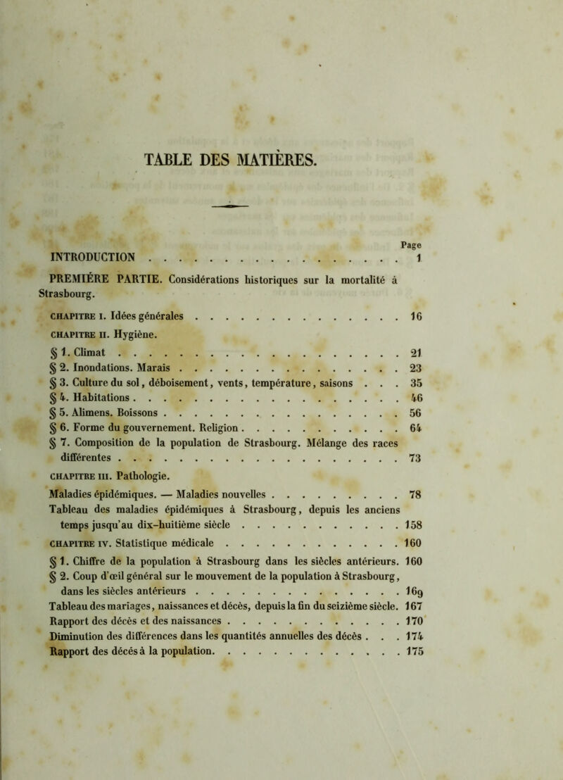 TABLE DES MATIERES. Page INTRODUCTION 1 PREMIÈRE PARTIE. Considérations historiques sur la mortalité à Strasbourg. chapitre i. Idées générales 16 chapitre il. Hygiène. § 1. Climat 21 § 2. Inondations. Marais 23 § 3. Culture du sol, déboisement, vents, température, saisons ... 35 § 4. Habitations 4-6 § 5. Alimens. Roissons 56 § 6. Forme du gouvernement. Rebgion 64 § 7. Composition de la population de Strasbourg. Mélange des races différentes 73 CHAPITRE III. Pathologie. Maladies épidémiques. — Maladies nouvelles 78 Tableau des maladies épidémiques à Strasbourg, depuis les anciens temps jusqu’au dix-huitième siècle 158 chapitre iv. Statistique médicale 160 §1. Chiffre de la population à Strasbourg dans les siècles antérieurs. 160 § 2. Coup d’œil général sur le mouvement de la population à Strasbourg, dans les siècles antérieurs 169 Tableau des mariages, naissances et décès, depuis la fin du seizième siècle. 167 Rapport des décès et des naissances 170 Diminution des différences dans les quantités annuelles des décès . . .174 Rapport des décésà la population 175