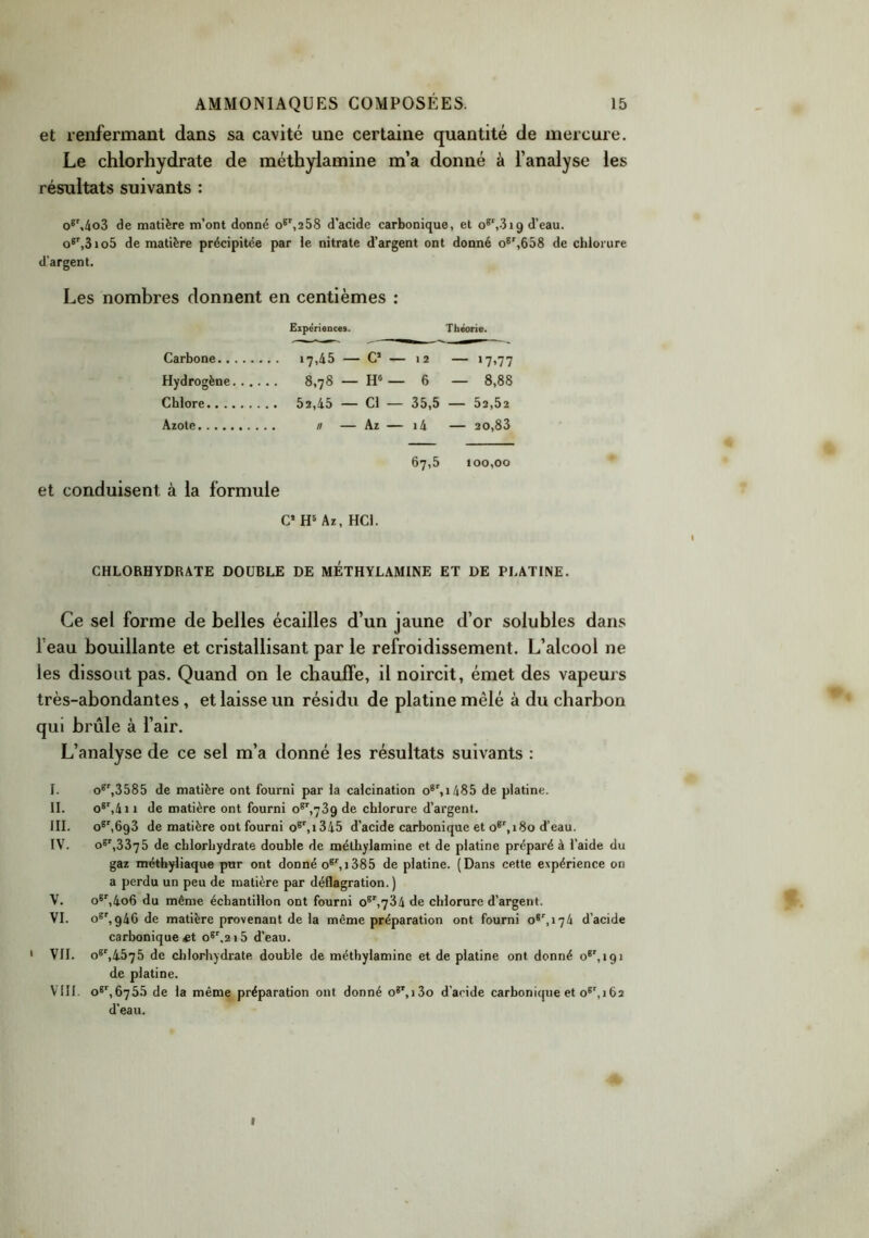 et renfermant dans sa cavité une certaine quantité de mercure. Le chlorhydrate de méthylamine m’a donné à l’analyse les résultats suivants : ogr,4o3 de matière m’ont donné ogr,258 d’acide carbonique, et ogr,3i9 d’eau. ogr,3io5 de matière précipitée par le nitrate d’argent ont donné ogr,658 de chlorure d’argent. Les nombres donnent en centièmes : Expériences. Théorie. Carbone 17,45 — C’ — 12 — 17,77 Hydrogène 8,78 — H6 — 6 — 8,88 Chlore 52,45 — Cl — 35,5 — 52,52 Azote // — Az — i4 — 20,83 67,5 100,00 et conduisent à la formule C* H5 Az, HCl. CHLORHYDRATE DOUBLE DE METHYLAMINE ET DE PLATINE. Ce sel forme de belles écailles d’un jaune d’or solubles dans l’eau bouillante et cristallisant par le refroidissement. L’alcool ne les dissout pas. Quand on le chauffe, il noircit, émet des vapeurs très-abondantes, et laisse un résidu de platine mêlé à du charbon qui brûle à l’air. L’analyse de ce sel m’a donné les résultats suivants : 1 I. ogr,3585 de matière ont fourni par la calcination ogr,i485 de platine. II. ogr,4n de matière ont fourni 0^,739 de chlorure d’argent. III. ogr,693 de matière ont fourni ogr,i 345 d’acide carbonique et ogr, 180 d’eau. IV. ogr,3375 de chlorhydrate double de méthylamine et de platine préparé à l’aide du gaz méthyliaque pur ont donné ogr, 1385 de platine. (Dans cette expérience on a perdu un peu de matière par déflagration. ) V. ogr,4o6 du même échantillon ont fourni ogr,734 de chlorure d’argent. VI. ogr,946 de matière provenant de la même préparation ont fourni ogr,i74 d’acide carbonique et ogr,2i5 d’eau. VII. ogr,4575 de chlorhydrate double de méthylamine et de platine ont donné og',i9i de platine. VIII. ogr,6755 de la même préparation ont donné ogr,i3o d’acide carbonique et ogt,162 d’eau. 1