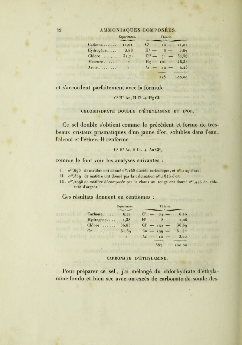 Expériences. Carbone 11,01 Hydrogène 3,88 Chlore 32,71 Mercure n Azote u Théorie. C4 — 2 4 — 11,01 H8 — 8 — 3,67 CP — 71 — 32,56 Hg- 101 — 46,33 Az — i4 — 4,43 218 100,00 et s’accordent parfaitement avec la formule c4 H7 Az, H CI Hg Cl. CHLORHYDRATE DOUBLE D’ÉTHYLAMINE ET D’OR. Ce sel double s’obtient comme le précédent et forme de très- beaux cristaux prismatiques d’un jaune d’or, solubles dans l’eau, l’alcool et l’éther. Il renferme C4 H7 Az, H CL Au CP, comme le font voir les analyses suivantes : I. o8r,6g3 de matière ont donné ogr, 158 d’acide carbonique, et o8', 1 4g d’eau. II. o6r,359 madère ont donné par la calcination ogr,i845 d’or. III. 0^,2995 de matière décomposée par la chaux au rouge ont donné o*r,446 de chlo- rure d'argent. Ces résultats donnent en centièmes : Expériences. Théorie. Carbone 6,21 C‘ — 2 4. — 6,20 Hydrogène.... 2,38 H8 — 8 — 2,06 Chlore 36,83 Cl4 — 142 — 36,6g Or 5i,3g Au — 199 — 5i,42 11 Az — 14 — 3,63 387 100,00 CARBONATE D’ETHYLAMINE. Pour préparer ce sel, j’ai mélangé du chlorhydrate d’éthyla- mine fondu et bien sec avec un excès de carbonate de soude des-