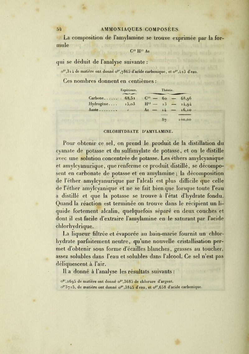 La composition de l’amylamine se trouve exprimée par la for- mule C10 H13 Az qui se déduit de l’analyse suivante : os\3i4 de matière ont donné ogr,7865 d’acide carbonique, et ogr,423 d’eau. Ces nombres donnent en centièmes : Expérience. Carbone 68,52 Hydrogène.... i5,o3 Azote ii CHLORHYDRATE Théorie. C10 — 60 — 68,96 H13 — 13 — i4,94 Az — i4 — 16,10 87 1 00,00 D’AMYLAMINE. Pour obtenir ce sel, on prend le produit de la distillation du cyanate de potasse et du sulfamylate de potasse, et on le distille avec une solution concentrée de potasse. Les éthers amylcyanique et amylcyanurique, que renferme ce produit distillé, se décompo- sent en carbonate de potasse et en amylamine ; la décomposition de l’éther amylcyanurique par l’alcali est plus difficile que celle de l’éther amylcyanique et ne se fait bien que lorsque toute l’eau a distillé et que la potasse se trouve à l’état d’hydrate fondu. Quand la réaction est terminée on trouve dans le récipient un li- quide fortement alcalin, quelquefois séparé en deux couches et dont il est facile d’extraire l’amylamine en le saturant par l’acide chlorhydrique, La liqueur fdtrée et évaporée au bain-marie fournit un chlor- hydrate parfaitement neutre, qu’une nouvelle cristallisation per- met d’obtenir sous forme d’écailles blanches, grasses au toucher, assez solubles dans l’eau et solubles dans l’alcool. Ce sel n’est pas déliquescent à l’air. Il a donné à l’analyse les résultats suivants : 0^,2695 de matière ont donné ogr,3685 de chlorure d’argent. ogr37i5, de matière ont donné ogr,3845 d'eau, et ogr,658 d'acide carbonique.