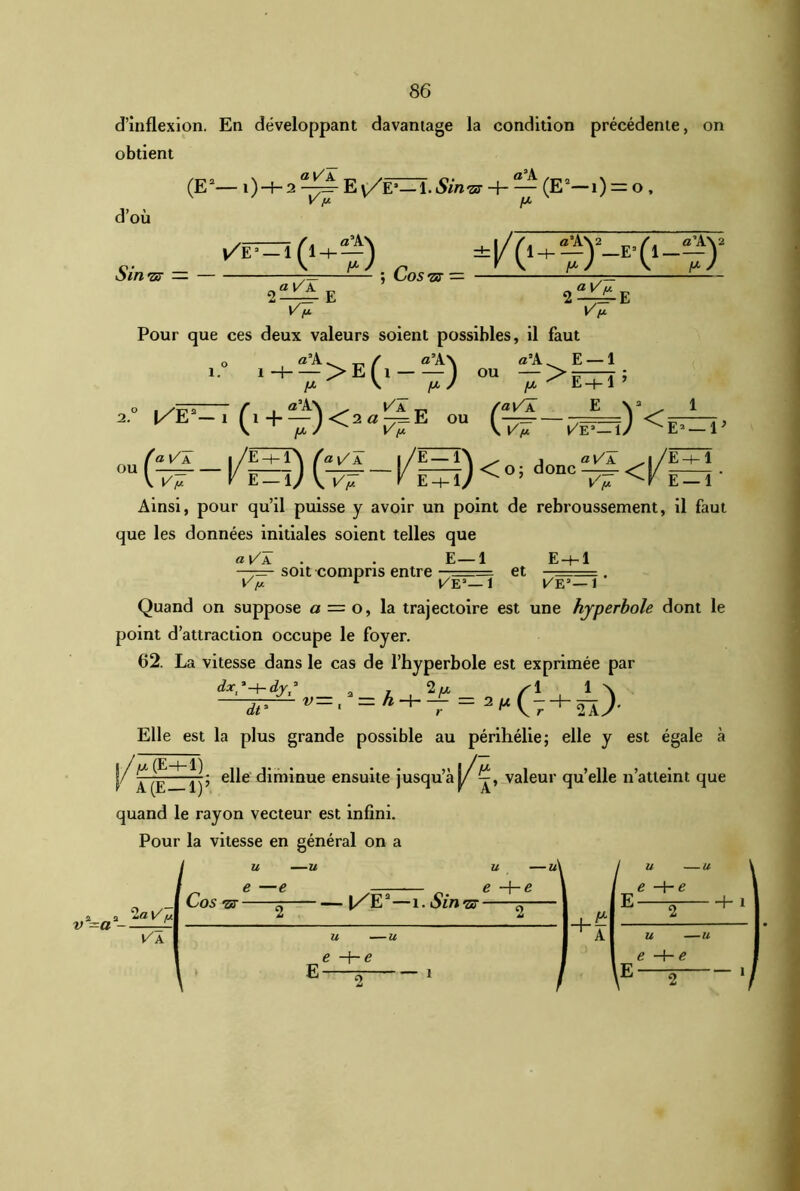 d’inflexion. En développant davantage la condition précédente, on obtient d’où (E2— i)h-2 a-^=- E vÆH.Sin-at 4- — (E2-i) = o , S in 'zû — — ‘/E'-1(1+^) ; Co s ot = (h_ï*y_e-( i-y \ {X / V . /*/ t/M Pour que ces deux valeurs soient possibles, il faut a’A. / a A\ a A — >E(i ) ou —> [X \ /X S IX fl3A a3A ^ E —1 fx E —f- 1 1 o . r I / KA favA E \3 , 2. f/E2— 1 ( 1 -f )<2«-=E OU (—^ — :) <: \ 1 fx/^ Vy \Vy t/E3—1/ - (tt - |/g) - O < - d0“ ^ < |/S • Ainsi, pour qu’il puisse y avoir un point de rebroussement, il faut que les données initiales soient telles que a VL . . E—1 E-t-1 soit compris entre ■ et . Vy L VE3— 1 VE3— 1 Quand on suppose a = o, la trajectoire est une hyperbole dont le point d’attraction occupe le foyer. 62. La vitesse dans le cas de l’hyperbole est exprimée par dxp-hdjp j 2u s\ 1 x Elle est la plus grande possible au périhélie; elle y est égale à \J elle diminue ensuite jusqu’à j/valeur qu’elle n’atteint que quand le rayon vecteur est infini. Pour la vitesse en général on a I v -a - 2 a V fj. Va Cos U U e —e 'sr- l/E2—x.Sin’zs U tt\ e ~\~e ' E U U e -he E U U e -he -h l E U U e H- e