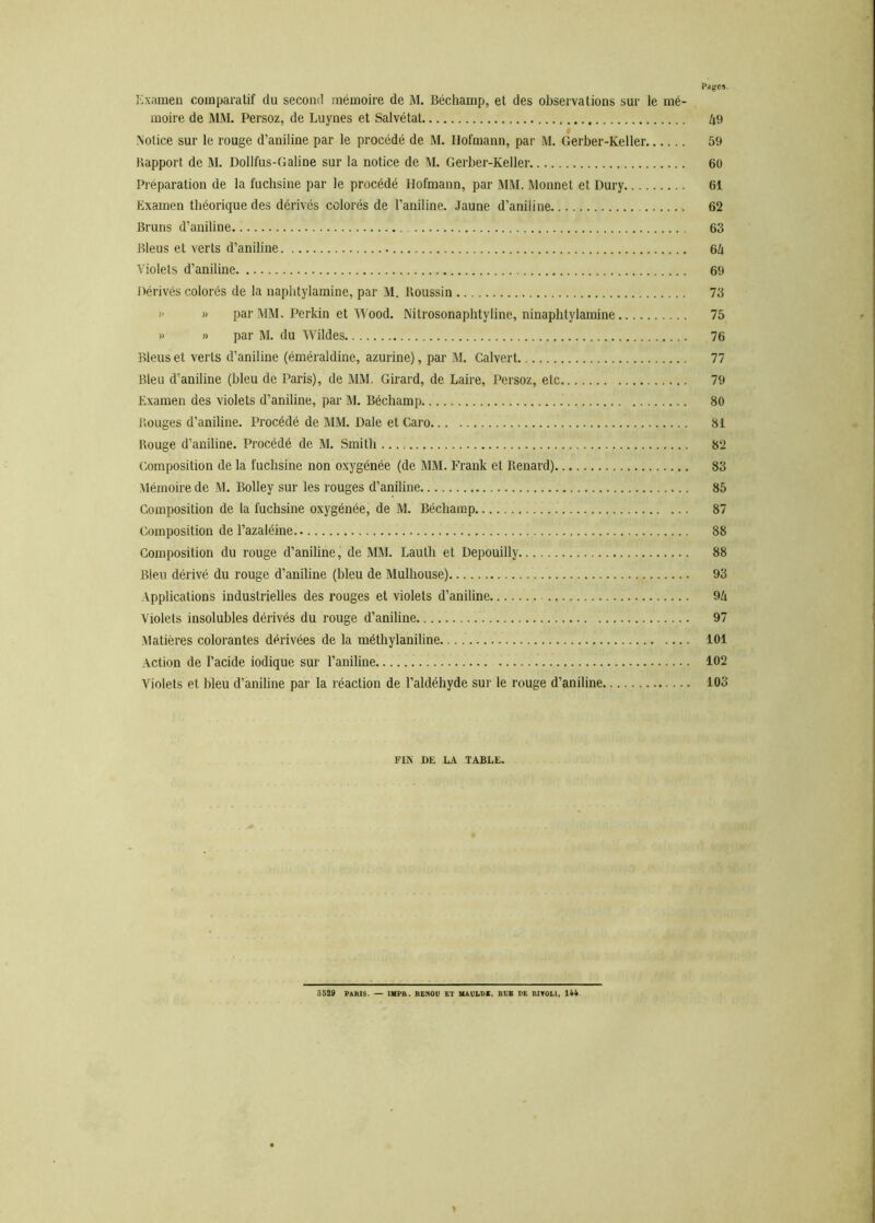 i’afc-ev Examen comparatif du second mémoire de M. Béchamp, et des observations sur le mé- moire de MM. Persoz, de Luynes et Salvétat 49 Notice sur le rouge d’aniline par le procédé de M. Ilofmann, par M. Gerber-Keller 59 Rapport de M. Dollfus-Galine sur la notice de M. Gerber-Keller 60 Préparation de la fuchsine par le procédé Ilofmann, par MM. Monnet et Dury 61 Examen théorique des dérivés colorés de l’aniline. Jaune d’aniline 62 Bruns d’aniline 63 Bleus et verts d’aniline 64 Violets d’aniline 69 Dérivés colorés de la naphtylamine, par M. Roussin 73 >< » par MM. Perkin et Wood. Nitrosonaphtyline, ninaphtylamine 75 » » par M. du Wildes 76 Bleus et verts d’aniline (éméraldine, azurine), par M. Calvert 77 Bleu d’aniline (bleu de Paris), de MM. Girard, de Laire, Persoz, etc 79 Examen des violets d’aniline, par M. Béchamp 80 Rouges d’aniline. Procédé de MM. Dale et Caro 81 Rouge d’aniline. Procédé de M. Smith 82 Composition de la fuchsine non oxygénée (de MM. Frank et Renard) 83 Mémoire de M. Bolley sur les rouges d’aniline 85 Composition de la fuchsine oxygénée, de M. Béchamp 87 Composition de l’azaléine 88 Composition du rouge d’aniline, de MM. Laulh et Depouilly 88 Bleu dérivé du rouge d’aniline (bleu de Mulhouse) 93 Applications industrielles des rouges et violets d’aniline 94 Violets insolubles dérivés du rouge d’aniline 97 Matières colorantes dérivées de la méthylaniline 101 Action de l’acide iodique sur l’aniline 102 Violets et bleu d’aniline par la réaction de l’aldéhyde sur le rouge d’aniline 103 FIN DE LA TABLE. O529 PARIS. — IMPft. RENOU ET MAULDX, RGB DE RIYOM, 144.