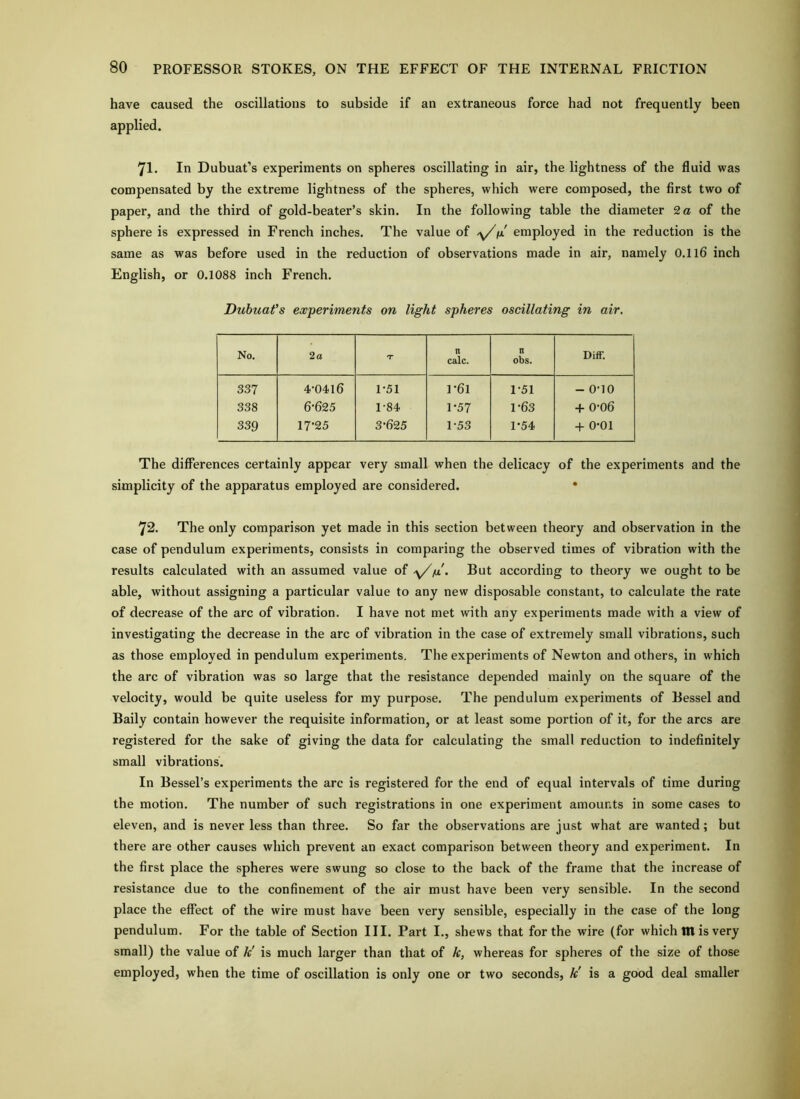 have caused the oscillations to subside if an extraneous force had not frequently been applied. 71. In Dubuat’s experiments on spheres oscillating in air, the lightness of the fluid was compensated by the extreme lightness of the spheres, which were composed, the first two of paper, and the third of gold-beater’s skin. In the following table the diameter 2o of the sphere is expressed in French inches. The value of /x employed in the reduction is the same as was before used in the reduction of observations made in air, namely 0.116 inch English, or 0.1088 inch French. Dubuat’s experiments on light spheres oscillating in air. No. 2a T n calc. n obs. DifF. 337 4-0416 1-51 1-61 1-51 - 0-10 338 6-625 1-84 1-57 1-63 + 0-06 339 17-25 3-625 1-53 1-54 + 0-01 The differences certainly appear very small when the delicacy of the experiments and the simplicity of the apparatus employed are considered. • 72. The only comparison yet made in this section between theory and observation in the case of pendulum experiments, consists in comparing the observed times of vibration with the results calculated with an assumed value of /y//j!. But according to theory we ought to be able, without assigning a particular value to any new disposable constant, to calculate the rate of decrease of the arc of vibration. I have not met with any experiments made with a view of investigating the decrease in the arc of vibration in the case of extremely small vibrations, such as those employed in pendulum experiments. The experiments of Newton and others, in which the arc of vibration was so large that the resistance depended mainly on the square of the velocity, would be quite useless for my purpose. The pendulum experiments of Bessel and Baily contain however the requisite information, or at least some portion of it, for the arcs are registered for the sake of giving the data for calculating the small reduction to indefinitely small vibrations. In Bessel’s experiments the arc is registered for the end of equal intervals of time during the motion. The number of such registrations in one experiment amounts in some cases to eleven, and is never less than three. So far the observations are just what are wanted; but there are other causes which prevent an exact comparison between theory and experiment. In the first place the spheres were swung so close to the back of the frame that the increase of resistance due to the confinement of the air must have been very sensible. In the second place the effect of the wire must have been very sensible, especially in the case of the long pendulum. For the table of Section III. Part I., shews that for the wire (for which HI is very small) the value of k' is much larger than that of k, whereas for spheres of the size of those employed, when the time of oscillation is only one or two seconds, k' is a good deal smaller