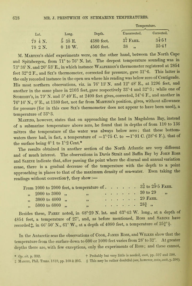 Lat. 79 4 N. 78 2 N. Long. 5 38 E. 0 10 w. Depth. 4380 feet. 4566 feet. Temperature. a r Uncorrected. Corrected. 37 Fahr. 34-5 \ 38 ,, 35-4 ? M. Martins’s chief experiments were, on the other hand, between the North Cape and Spitzbergen, from 71° to 76° N. lat. The deepest temperature sounding was in 73° 36' N. and 20° 53' E., in which instance Walferdin’s thermometer registered at 2854 feet 320-2 F., and Six’s thermometer, corrected for pressure, gave 31 '6. This latter is the only recorded instance in the open sea where his reading was below zero of Centigrade. His most northern observations, viz. in 76° 13'N. and 12° 48' E., at 1296 feet, and another in the same place in 2103 feet, gave respectively 33°-4 and 32°-3 ; while one of Scoresby’s, in 79° N. and 5° 40'E., at 2400 feet gives, corrected, 34°-6 F., and another in 76° 16' N., 9°E., at 1380 feet, not far from Martins’s position, gives, without allowance for pressure (for in this case Six’s thermometer does not appear to have been used), a temperature of 330-3. Martins, however, states that on approaching the land in Magdalena Bay, instead of a submarine temperature above zero, he found that in depths of from 110 to lo6 metres the temperature of the water was always below zero; that these bottom- waters there had, in fact, a temperature of —1°-75 C. to —1°*91 C. (280,6 F.), that of the surface being 0°T to 10,2 Cent.* The results obtained in another section of the North Atlantic are very different and of much interest. The observations in Davis Strait and Baffin Bay by John Ross and Sabine indicate that, after passing the point where the diurnal and annual variation cease, there is a gradual decrease of the temperature with the depth to a point approaching in places to that of the maximum density of sea-w’ater. Even taking the readings without correctionf, they show :— From 1000 to 2000 feet, a temperature of „ 2000 to 3000 „ „ 3000 to 4000 „ „ 5000 to 6000 „ „ 32 to 29-5 Fahr. 30 to 29 29 Fahr. 28f „ Besides these, Parry noted, in 68°-29 N. lat. and 63°-43 W. long., at a depth of 4854 feet, a temperature of 27°, and, as before mentioned, Ross and Sabine have recorded J, in 66° 50' N., 61° W., at a depth of 4080 feet, a temperature of 25f°§. In the Antarctic seas the observations of Cook, James Ross, and YV ilkes show that the temperature from the surface down to 600 or 1000 feet varies from 28 to o2 . At greater depths there are, with few exceptions, only the experiments of Ross; and these cannot, * Op. cit. p. 332. f Probably but very little is needed, antb, pp. 597 and 598. + Marcet, Phil. Trans. 1819, pp. 169 & 205. § This may be rather doubtful (see, however, note, ante, p. 596).