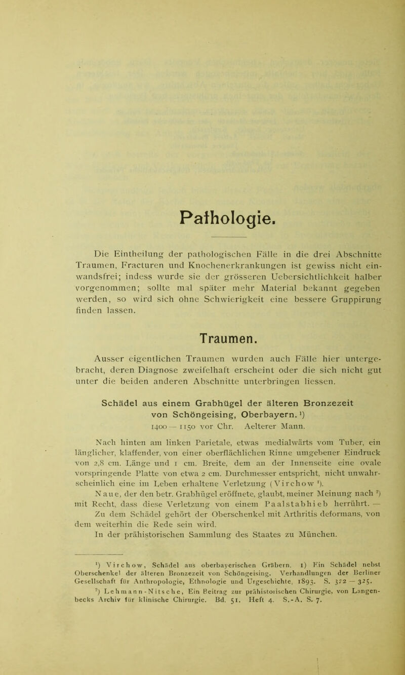 Pathologie Die Eintheilung der pathologischen Fälle in die drei Abschnitte Traumen, Fracturen und Knochenerkrankungen ist gewiss nicht ein- wandsfrei; indess wurde sie der grösseren Uebersichtlichkeit halber vorgenommen; sollte mal später mehr Material bekannt gegeben werden, so wird sich ohne Schwierigkeit eine bessere Gruppirung finden lassen. Traumen. Ausser eigentlichen Traumen wurden auch Fälle hier unterge- bracht, deren Diagnose zweifelhaft erscheint oder die sich nicht gut unter die beiden anderen Abschnitte unterbringen Hessen. Schädel aus einem Grabhügel der älteren Bronzezeit von Schöngeising, Oberbayern. ’) 1400— 1150 vor Clir. Aelterer Mann. Nach hinten am linken Parietale, etwas medialwärts vom Tuber, ein länglicher, klaffender, von einer oberflächlichen Rinne umgebener Eindruck von 2,8 cm. hänge und 1 cm. Breite, dem an der Innenseite eine ovale vorspringende Platte von etwa 2 cm. Durchmesser entspricht, nicht unwahr- scheinlich eine im Leben erhaltene Verletzung (Virchow ’). N aue, der den betr. Grabhügel eröffnete, glaubt, meiner Meinung nach 2) mit Recht, dass diese Verletzung von einem Paalstabhieb herrührt.— Zu dem Schädel gehört der Oberschenkel mit Arthritis deformans, von dem weiterhin die Rede sein wird. In der prähistorischen Sammlung des Staates zu München. *) Virchow, Schädel aus oberbayerischen Gräbern. 1) hin Schädel nebst Oberschenkel der älteren Bronzezeit von Schönfreising. Verhandlungen der Berliner Gesellschaft für Anthropologie, Ethnologie und Urgeschichte, 1893. S. 322 — 3^5- -) Lehmann-Nitsche, Ein Beitrag zur prähistoiischen Chirurgie, von Langen- becks Archiv für klinische Chirurgie. Bd. 51. Heft 4. S.-A. S. 7-