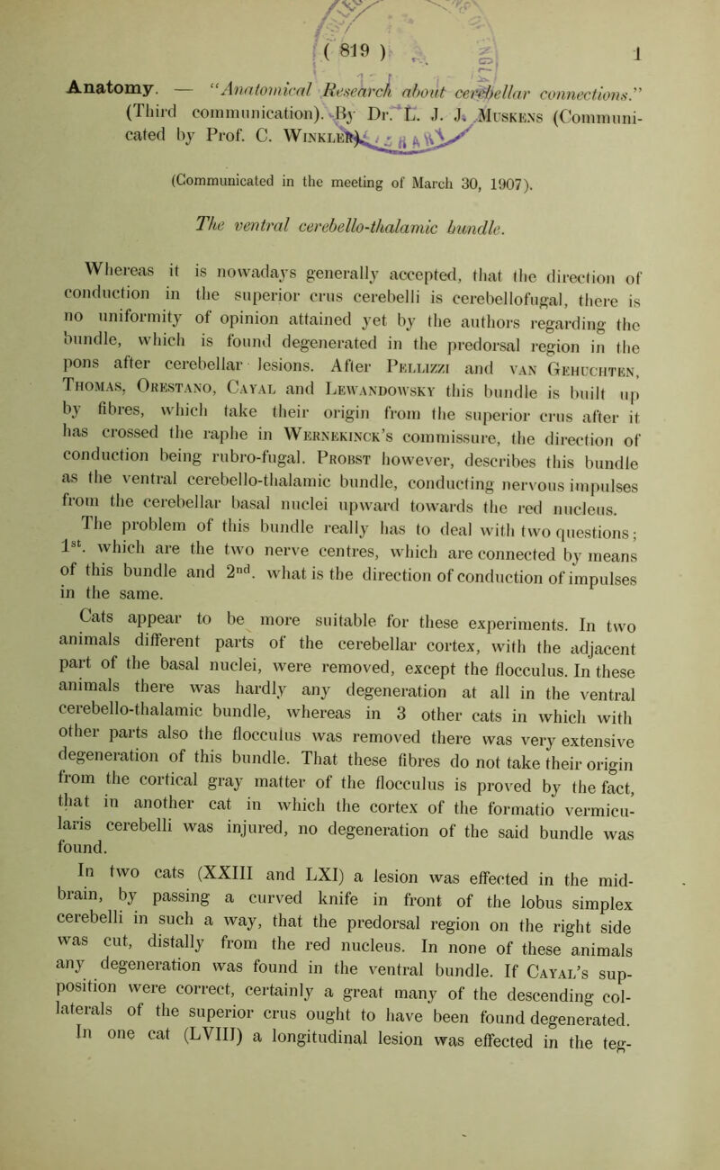 Anatomy. — “Anatomical Research about cerebellar connections.” (Third communication).Dr. L. J. J, Muskexs (Communi- cated by Prof. C. (Communicated in the meeting of March 30, 1907). The ventral cerebello-thalamic bundle. Whereas it is nowadays generally accepted, that the direction of conduction in the superior crus cerebelli is cerebellofugal, there is no uniformity of opinion attained yet by the authors regarding the oundle, which is found degenerated in the predorsal region in the pons after cerebellar lesions. After Pellizzi and van Gehcchten, Thomas, Orestano, Cayal and Lewandowsky this bundle is built up by fibres, which take their origin from the superior crus after it has crossed the raphe in Wernekinck’s commissure, the direction of conduction being rubro-fugal. Probst however, describes this bundle as the ventral cerebello-thalamic bundle, conducting nervous impulses from the cerebellar basal nuclei upward towards the red nucleus. The problem of this bundle really has to deal with two questions; 1st. which are the two nerve centres, which are connected by means of this bundle and 2^. what is the direction of conduction of impulses in the same. Cats appear to be more suitable for these experiments. In two animals different parts of the cerebellar cortex, with the adjacent part of the basal nuclei, were removed, except the flocculus. In these animals there was hardly any degeneration at all in the ventral cerebello-thalamic bundle, whereas in 3 other cats in which with other parts also the flocculus was removed there was very extensive degeneration of this bundle. That these fibres do not take their origin from the cortical gray matter of the flocculus is proved by the fact, that in another cat in which the cortex of the formatio vermicu- lans cerebelli was injured, no degeneration of the said bundle was found. In two cats (XXIII and LXI) a lesion was effected in the mid- brain, by passing a curved knife in front of the lobus simplex ceiebelli in such a way, that the predorsal region on the right side was cut, distally from the red nucleus. In none of these animals any degeneration was found in the ventral bundle. If Cayai/s sup- position were correct, certainly a great many of the descending col- laterals of the superior crus ought to have'been found degenerated. In one cat (LVIII) a longitudinal lesion was effected in the teg-