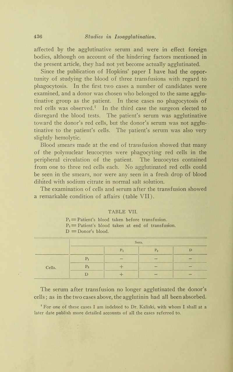 affected by the agglutinative serum and were in effect foreign bodies, although on account of the hindering factors mentioned in the present article, they had not yet become actually agglutinated. Since the publication of Hopkins’ paper I have had the oppor- tunity of studying the blood of three transfusions with regard to phagocytosis. In the first two cases a number of candidates were examined, and a donor was chosen who belonged to the same agglu- tinative group as the patient. In these cases no phagocytosis of red cells was observed.7 In the third case the surgeon elected to disregard the blood tests. The patient’s serum was agglutinative toward the donor’s red cells, but the donor’s serum was not agglu- tinative to the patient’s cells. The patient’s serum was also very slightly hemolytic. Blood smears made at the end of transfusion showed that many of the polynuclear leucocytes were phagocyting red cells in the peripheral circulation of the patient. The leucocytes contained from one to three red cells each. No agglutinated red cells could be seen in the smears, nor were any seen in a fresh drop of blood diluted with sodium citrate in normal salt solution. The examination of cells and serum after the transfusion showed a remarkable condition of affairs (table VII). TABLE VII. Pi = Patient’s blood taken before transfusion. P2= Patient’s blood taken at end of transfusion. D = Donor’s blood. Sera. P, P2 D Pi - - - Cells. p2 + - - D + - - The serum after transfusion no longer agglutinated the donor’s cells; as in the two cases above, the agglutinin had all been absorbed. 7 For one of these cases I am indebted to Dr. Kaliski, with whom I shall at a later date publish more detailed accounts of all the cases referred to.