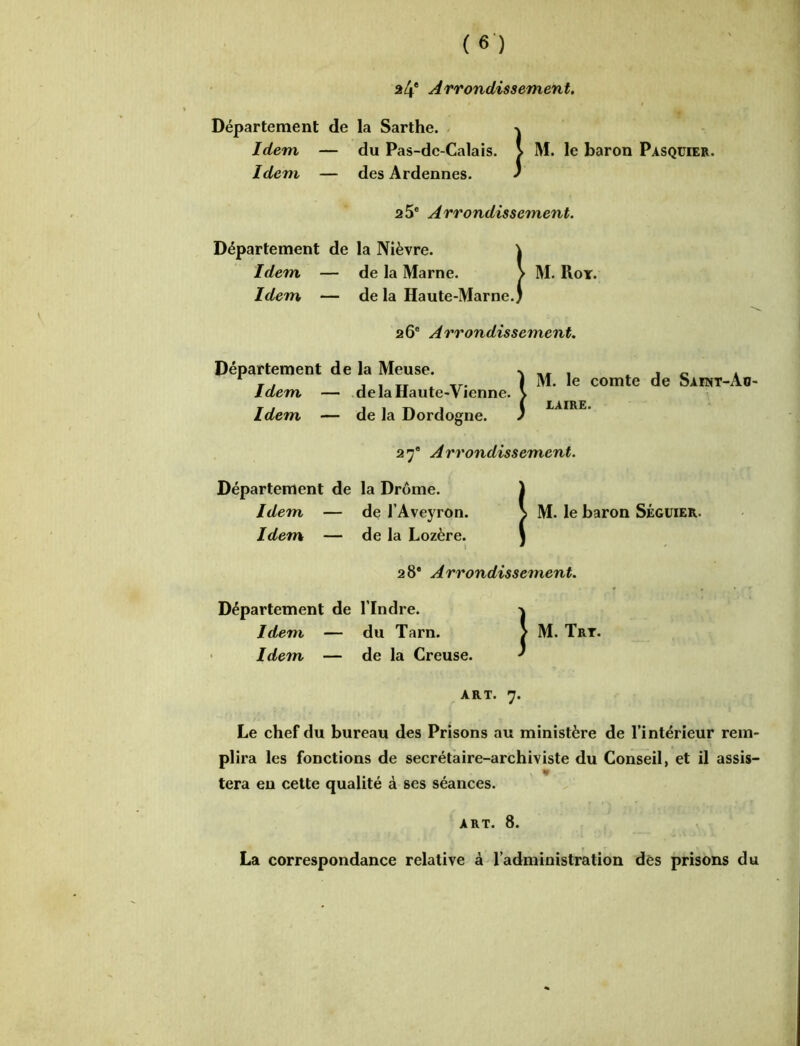 Département de la Sarthe. -v Idem — du Pas-de-Calais. > M. le baron Pasqüier. Idem — des Ardennes. ' 25e Arrondissement. Département de la Nièvre. \ Idem — de la Marne. > M. Roy. Idem — de la Haute-Marne.) 26e Arrondissement. Département de la Meuse. Idem — de la Haute-Vienne. Idem — de la Dordogne. M. le comte de Saint-Ao- laire. 27® Arrondissement. Département de la Drôme. Idem — de l’Aveyron. Idem — de la Lozère. » 28e Arrondissement. Département de l'Indre. ^ Idem — du Tarn. > M. Trt. Idem — de la Creuse. ' | M. le baron Ségüier. ART. 7. Le chef du bureau des Prisons au ministère de l’intérieur rem- plira les fonctions de secrétaire-archiviste du Conseil, et il assis- tera en cette qualité à ses séances. art. 8. La correspondance relative à l’administration dés prisons du