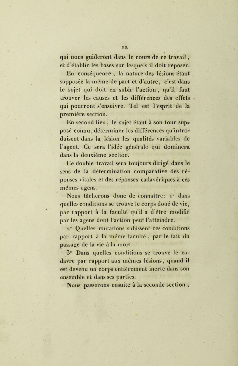 qui nous guideront dans le cours de ce travail, et d’e'lablir les bases sur lesquels il doit reposer. En conséquence , la nature des lésions étant supposée la même de part et d’autre, c’est dans le sujet qui doit en subir l’action , qu’il faut trouver les causes et les différences des effets - qui pourront s’ensuivre. Tel est l’esprit de la première section. En second lieu , le sujet étant à son tour sup» posé connu, déterminer les différences qu’intro- duisent dans la lésion les qualités variables de l’agent. Ce sera l’idée générale qui dominera dans la deuxième section. Ce double travail sera toujours dirigé dans le sens de la détermination comparative des ré- ponses vitales et des réponses cadavériques à ces mêmes agens. INous tacherons donc de connaître: i“ dans quelles conditions se trouve le corps doué de vie, par rapport à la faculté qu’il a d’être modifié par les agens dont l’action peut l’atteindre. 2 Quelles mutations subissent ces conditions par rapport à la même faculté , par le fait du passage de la vie à la mort. 3° Dans quelles conditions se trouve le ca- davre par rapport aux mêmes lésions, quand il est devenu un corps entièrement inerte dans son ensemble et dans ses parties. Nous passerons ensuite à la seconde section ,