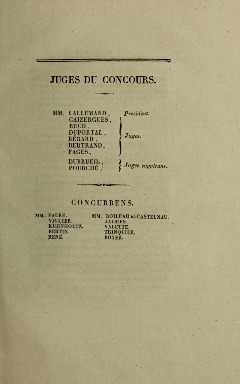 JUGES DU CONCOURS MM. LALLEMAND, CAIZERGUES, RECH , DÜPORTAL, BÉRARD , BERTRAND, FAGES, DUBRUEIL , POURCHÉ/ Président. | Juges. I Juges suppléons. CONGURRENS. MM. FAURE. MM. BOILEAU de CASTELNAU. VIGUIER. JAUMES. KUHNHOLTZ, VALETTE. BERTIN. TRINQUIER. RENÉ. BOYER. .