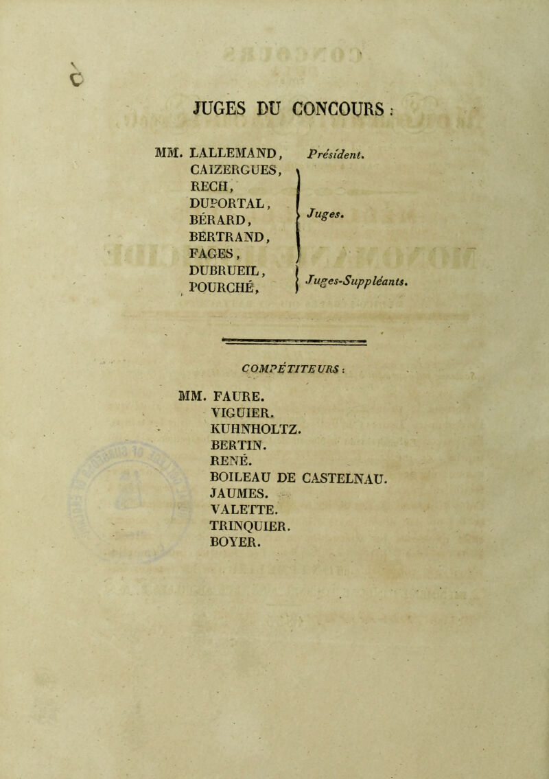 JUGES DU CONCOURS: Mlyl. LALLEMAND, CAIZERGUES, RECH, DUFORTAL, BÉRARD, BERTRAND, FAGES, DUBRUEIL, FOURCHÉ, ' P réside nU Juges. JugeS’Supp léants. COMPÉTITEURS : MM. FAURE. VIGUIER. KUHNHOLTZ. BERTIN. RENÉ. BOILEAU DE CASTELNAU. JAUMES. > VALETTE. TRINQUIER. BOYER.